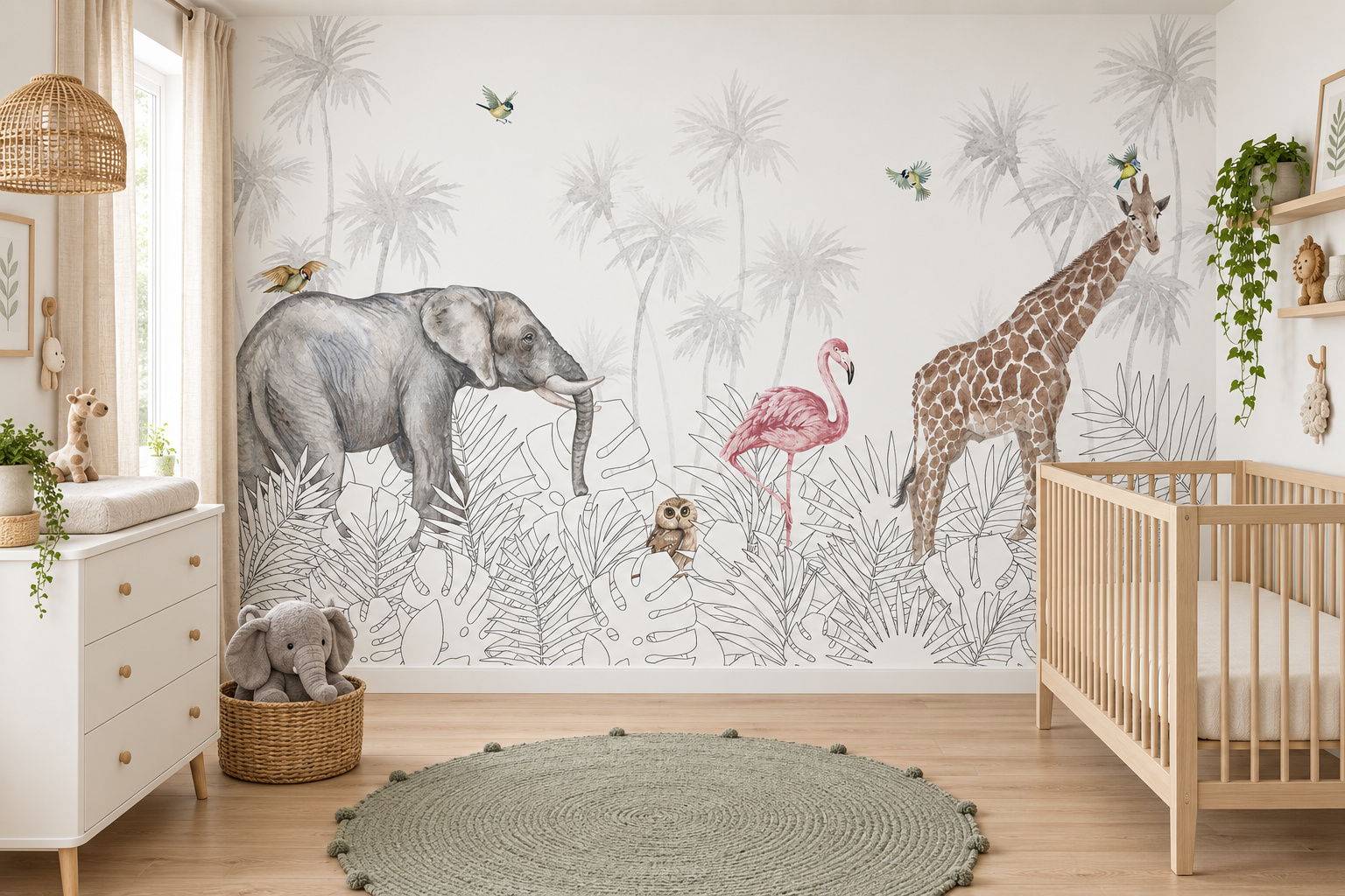 Babykamer met wandvullend fotobehang aquareldieren met olifant en flamingo, een houten ledikant en saliegroen vloerkleed.