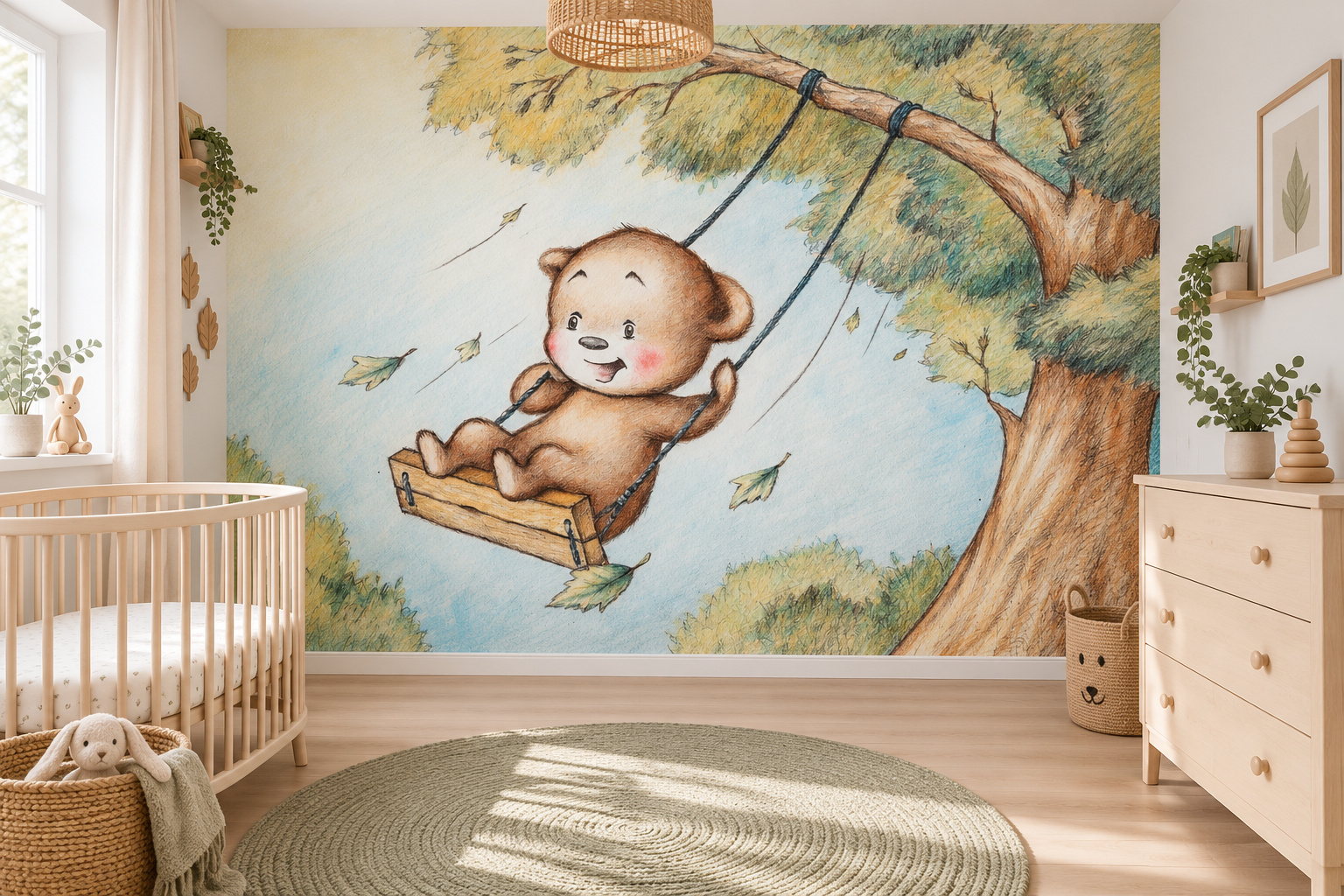 Fotobehang beer op een schommel in een lichte babykamer met een wit ledikant en een saliegroen rond kleed.