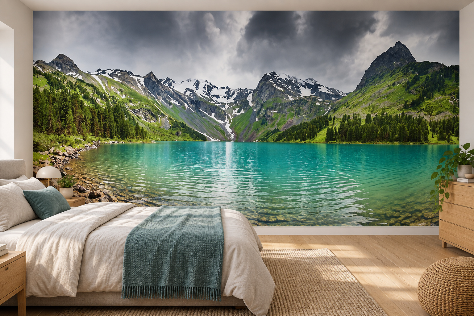 Slaapkamer met fotobehang van een blauw meer tussen bergen op de achterwand en een interieur in bijpassende kleuren; ontwerp 20240015.