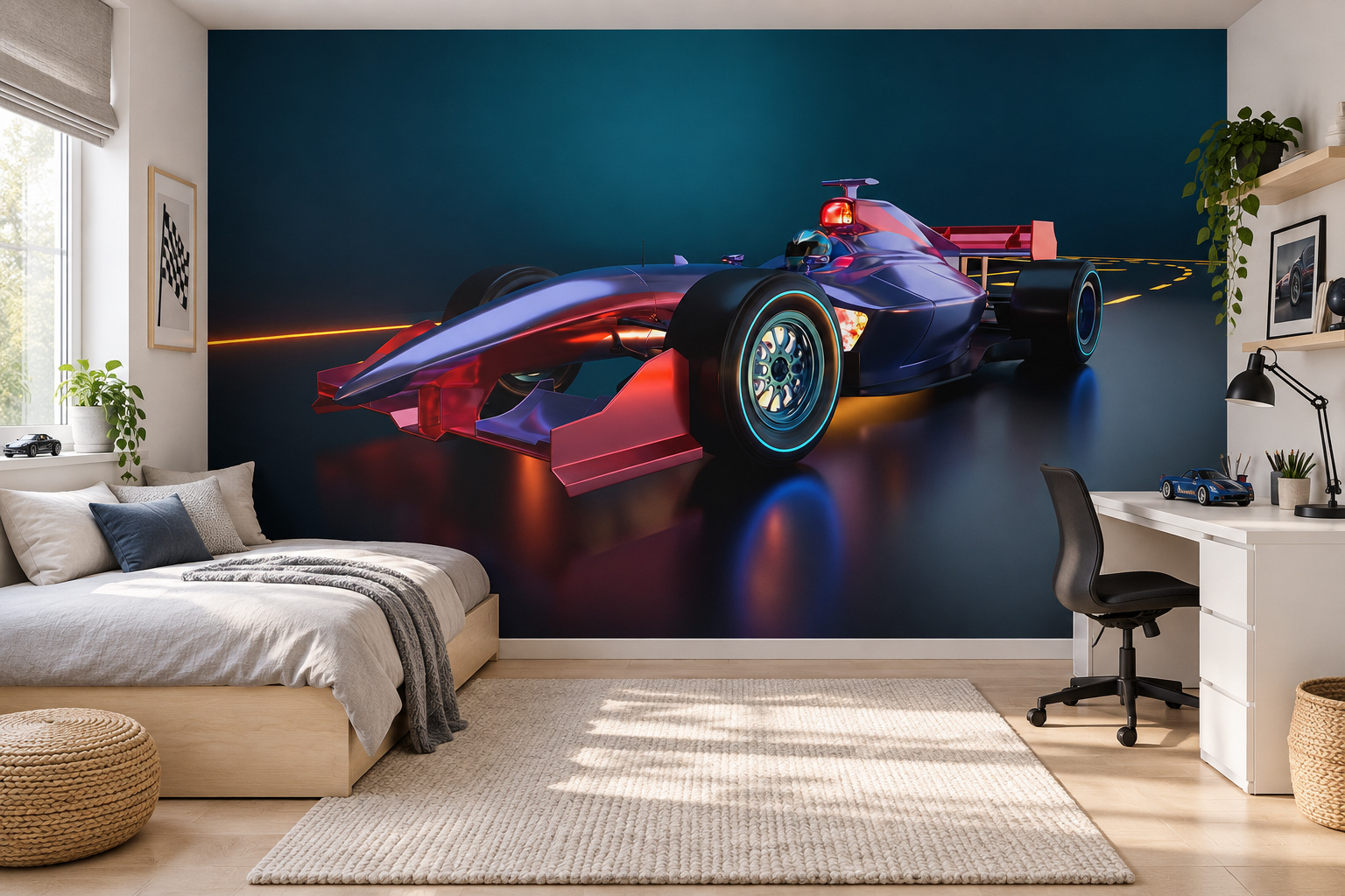 Fotobehang blauwe formule raceauto in een lichte tienerslaapkamer met een licht bed en wit studiebureau.