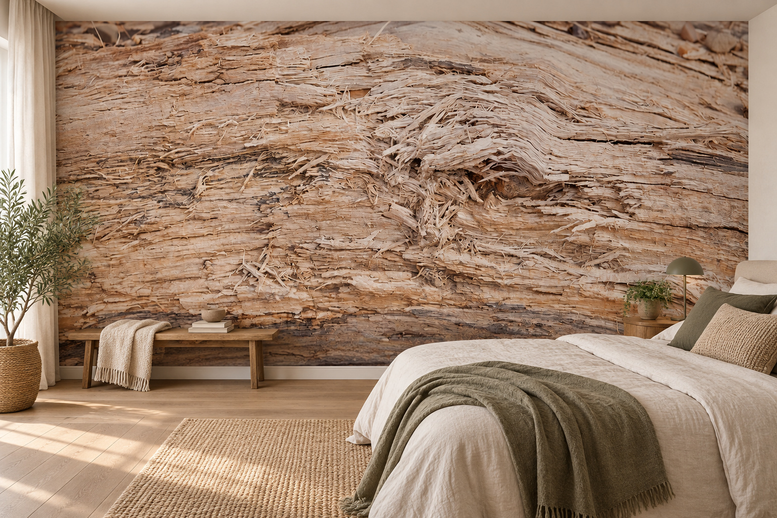 Slaapkamer met fotobehang van een boomstam zonder schors op de achterwand en een interieur in bijpassende kleuren; ontwerp 251306480.