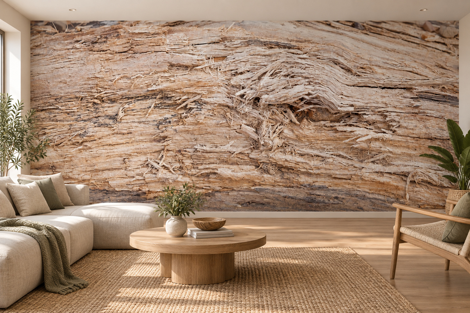 Woonkamer met fotobehang van een boomstam zonder schors op de achterwand en een interieur in bijpassende kleuren; ontwerp 251306480.