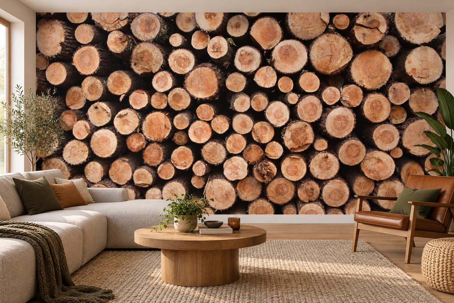 Woonkamer met fotobehang van de doorsneden van gestapelde boomstammen op de achterwand en een interieur in bijpassende kleuren; ontwerp 2192161.