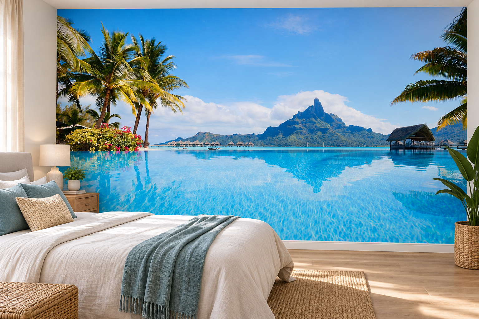 Slaapkamer met fotobehang van het tropische landschap van Bora Bora op de achterwand en een interieur in bijpassende kleuren; ontwerp 12732797.