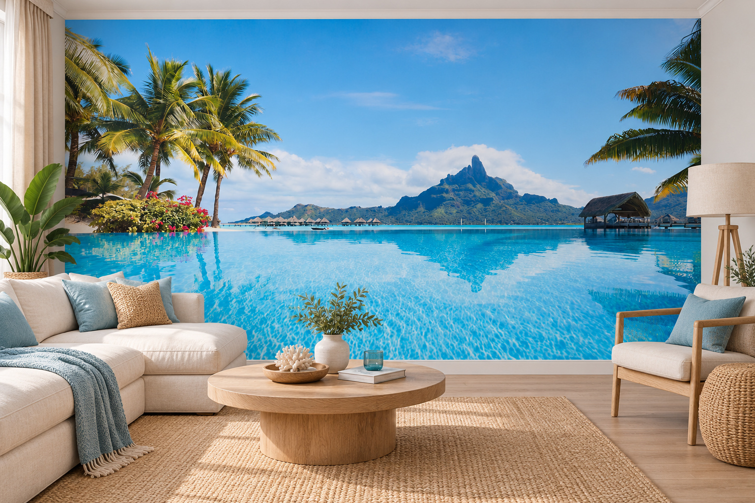 Woonkamer met fotobehang van het tropische landschap van Bora Bora op de achterwand en een interieur in bijpassende kleuren; ontwerp 12732797.