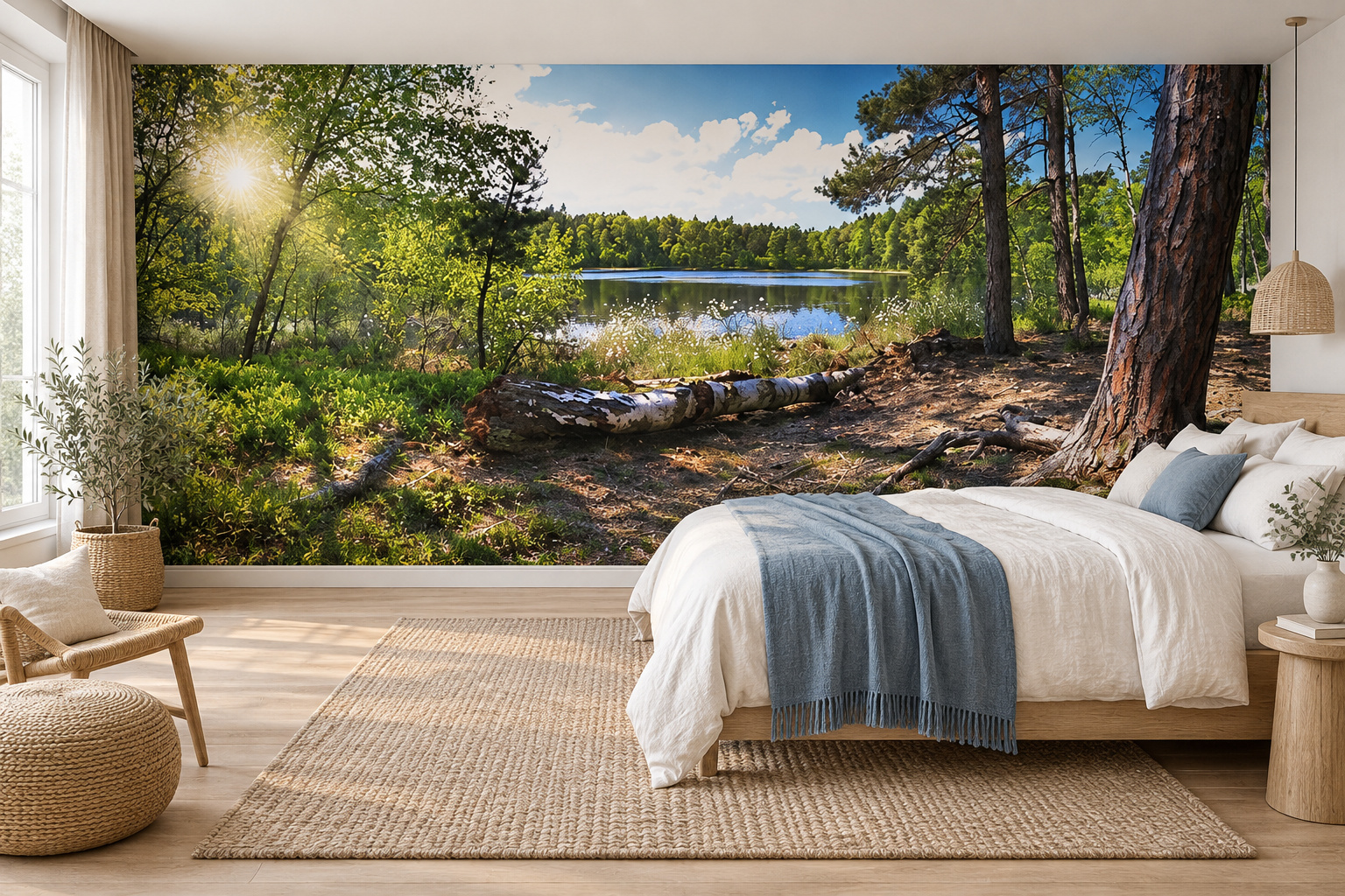 Lichte slaapkamer met een bosmeer als volledige behangwand, een bed rechts en een blauwgrijze plaid op wit beddengoed.