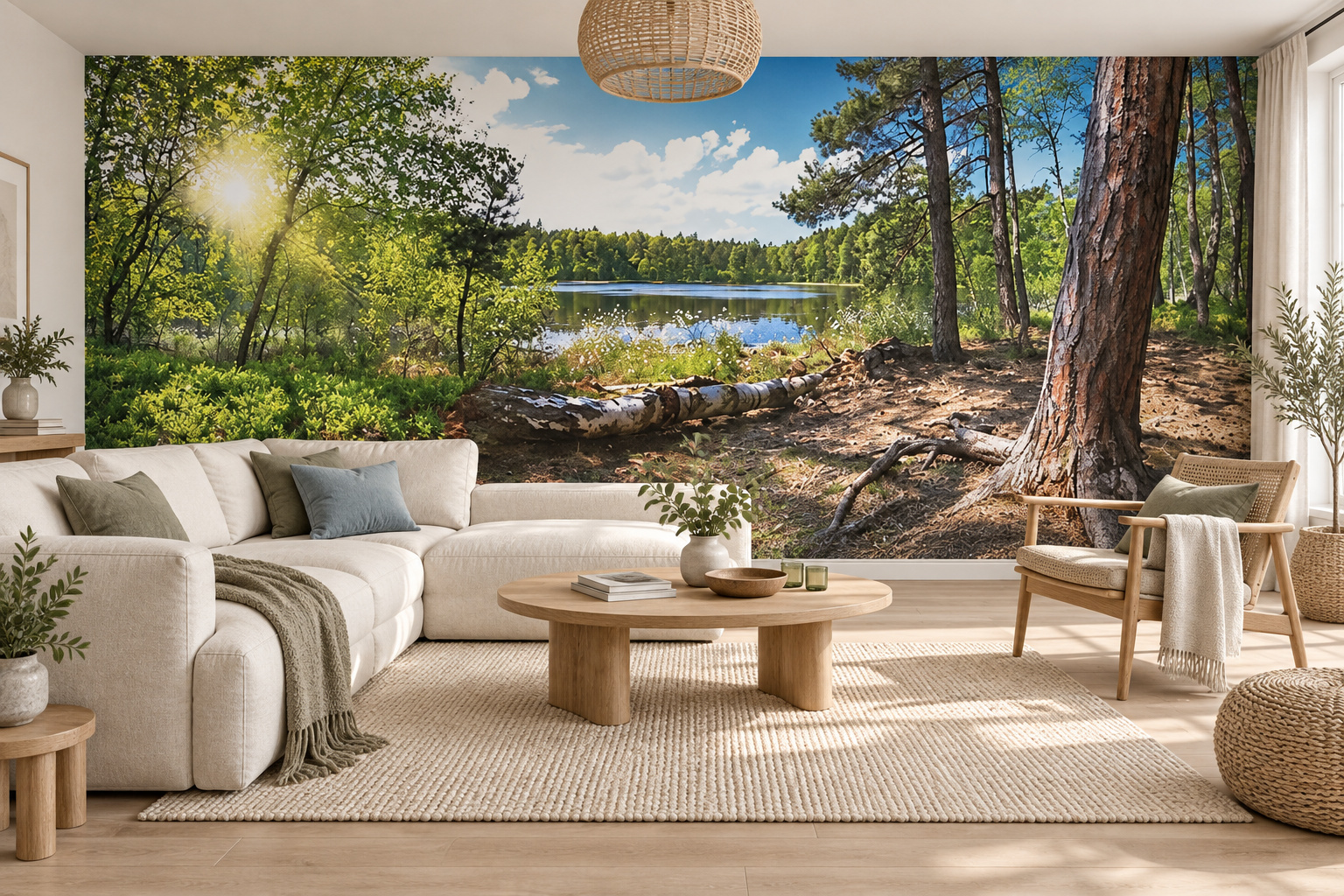 Bosmeer met zonlicht en een dikke dennenstam op de behangwand, achter een lichte hoekbank en ovale houten tafel in de woonkamer.