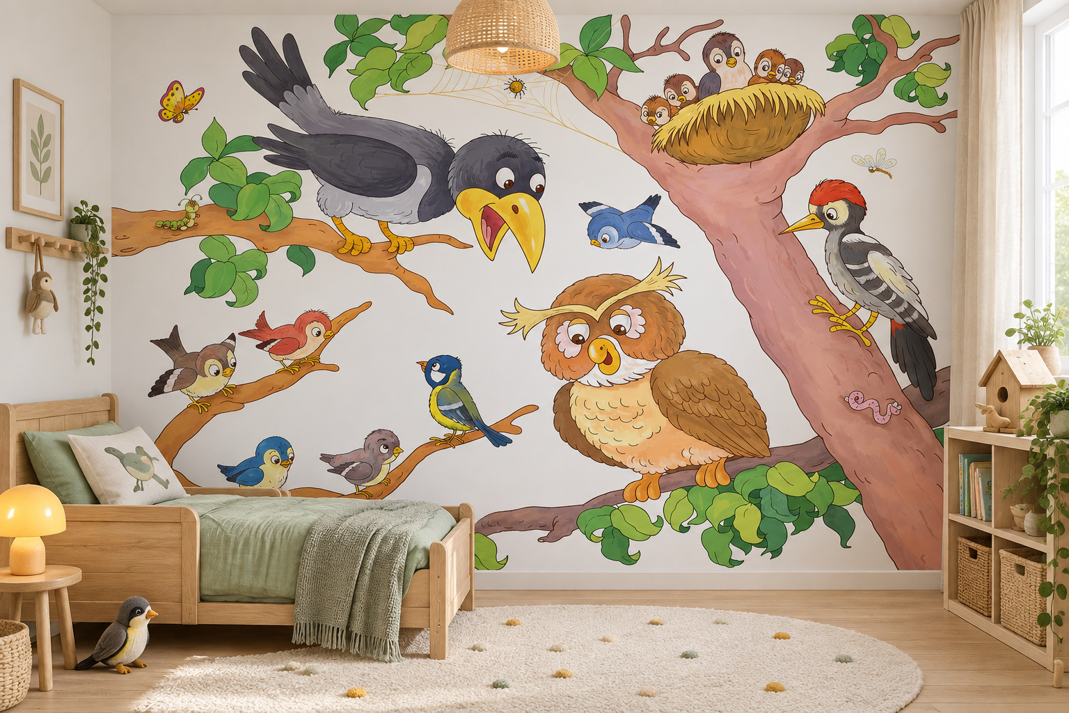Kinderslaapkamer met wandvullend fotobehang bosvogels in getekende bomen, een laag houten bed en vogelhuisje.