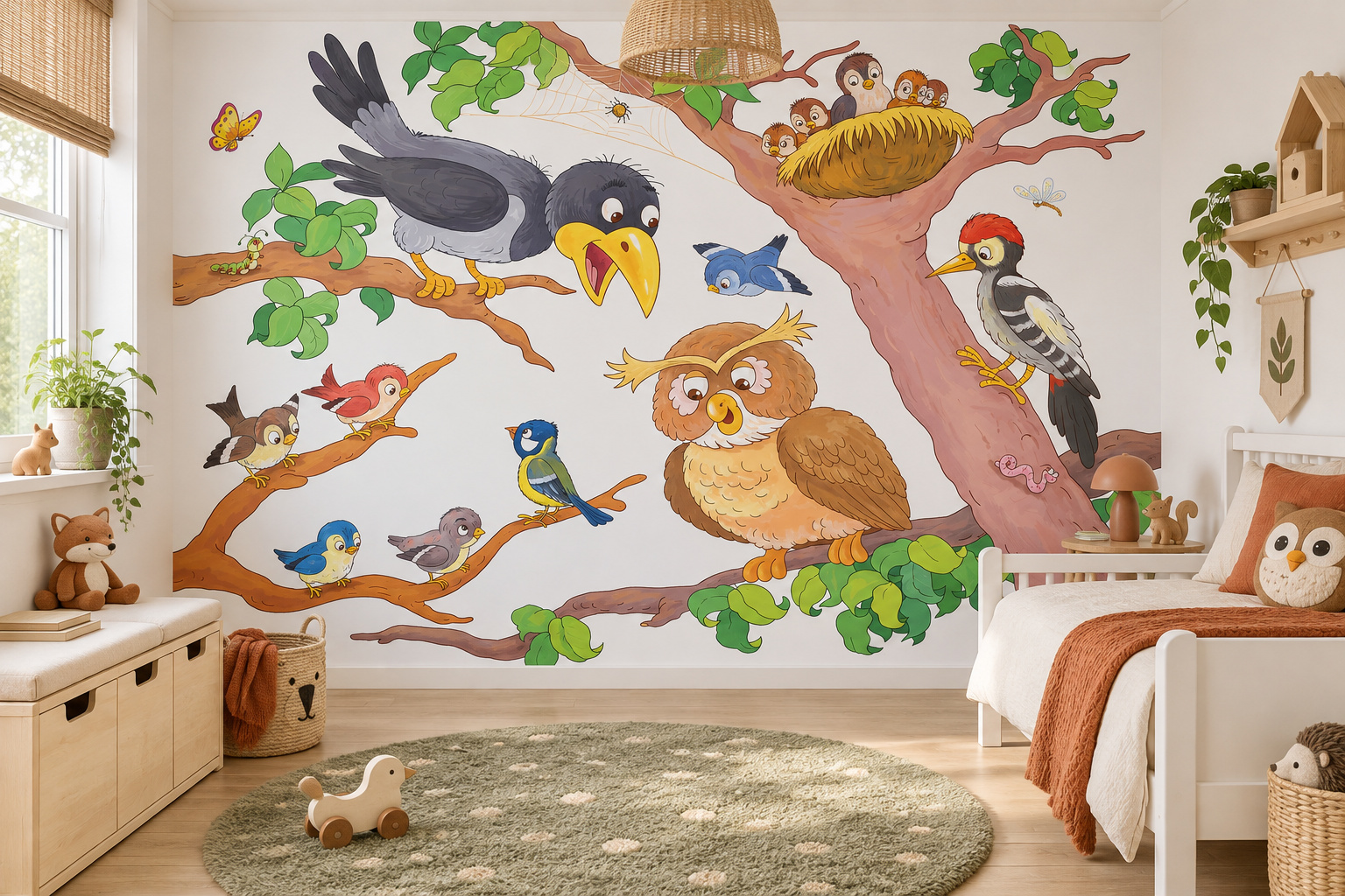 Fotobehang bosvogels in getekende bomen in een lichte kinderslaapkamer met een wit bed en terracottakleurige accenten.