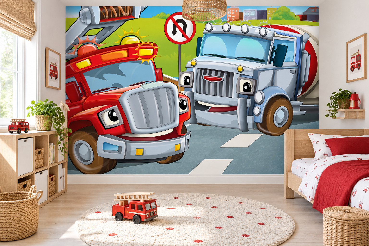 Kinderslaapkamer met wandvullend fotobehang brandweer en vrachtwagen, een houten kinderbed met rode accenten.