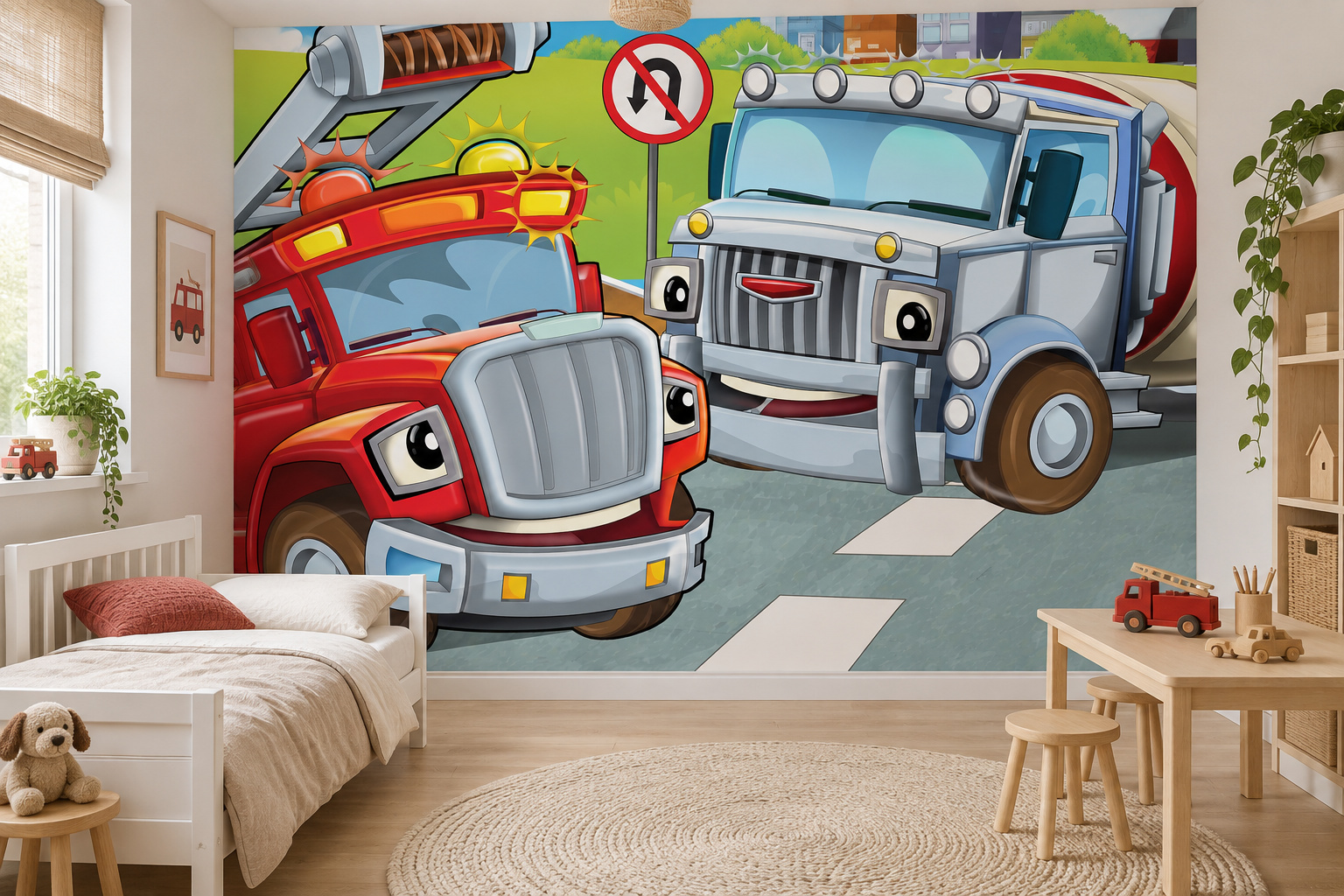 Fotobehang brandweer en vrachtwagen in een lichte kinderslaapkamer met een wit bed en een houten speeltafel.