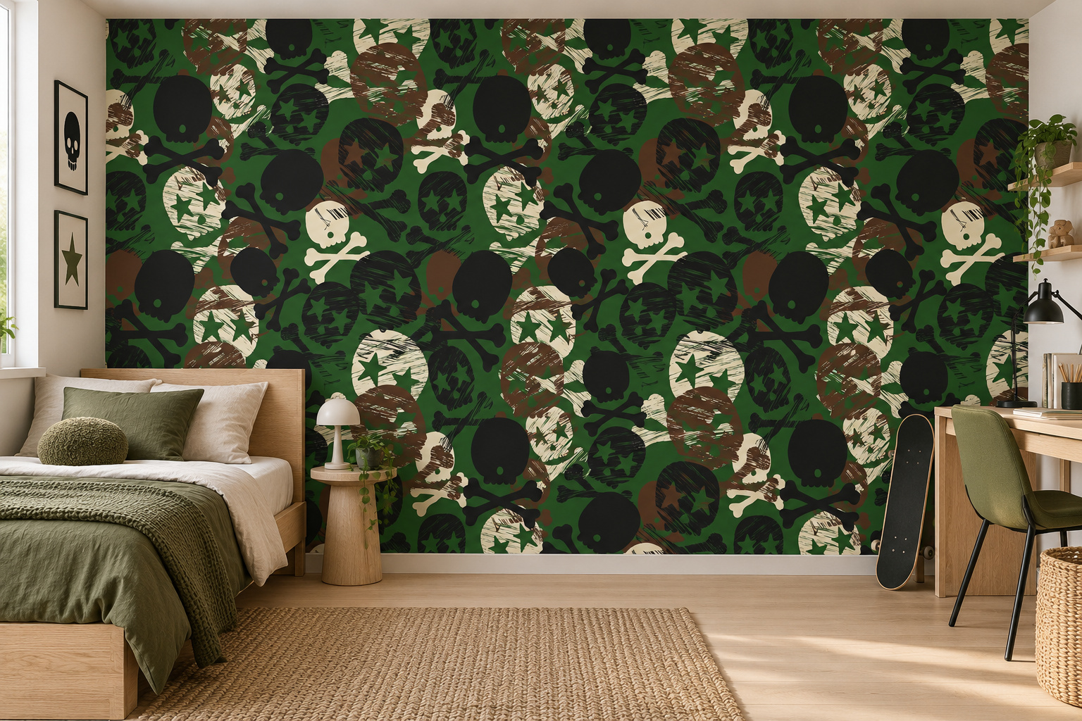 Tienerslaapkamer met wandvullend fotobehang camouflage met doodshoofden, een laag bed met olijfgroen textiel.