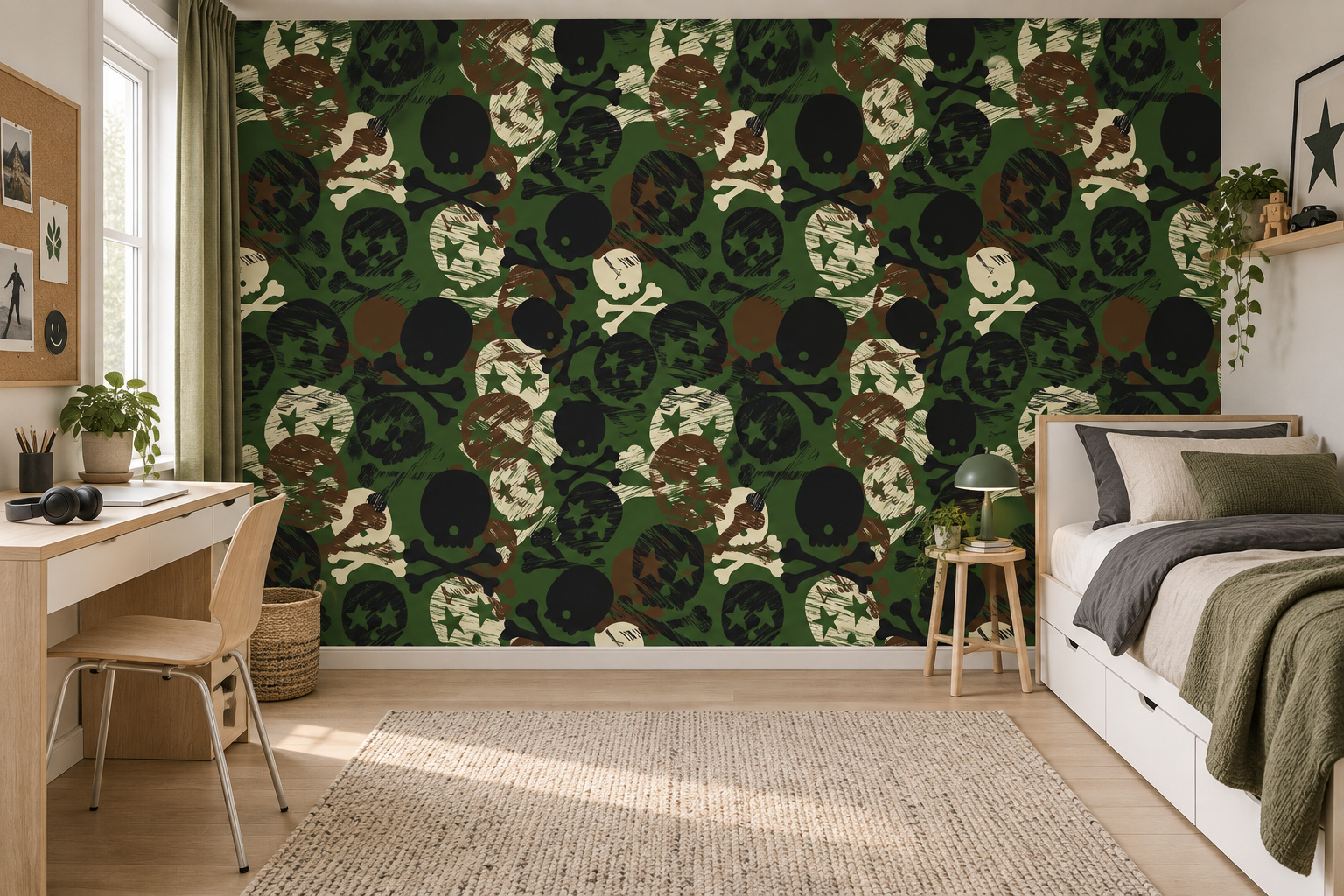 Fotobehang camouflage met doodshoofden in een lichte tienerslaapkamer met een wit bed en een bureau met hoofdtelefoon.