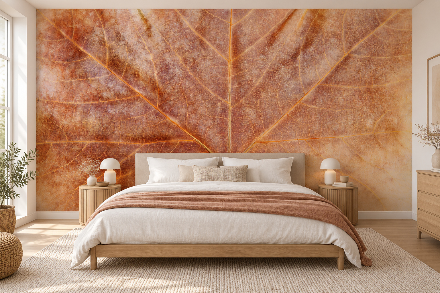 Slaapkamer met een amberkleurig esdoornblad op de hele achterwand, een laag houten bed en een kleikleurige deken over wit beddengoed.