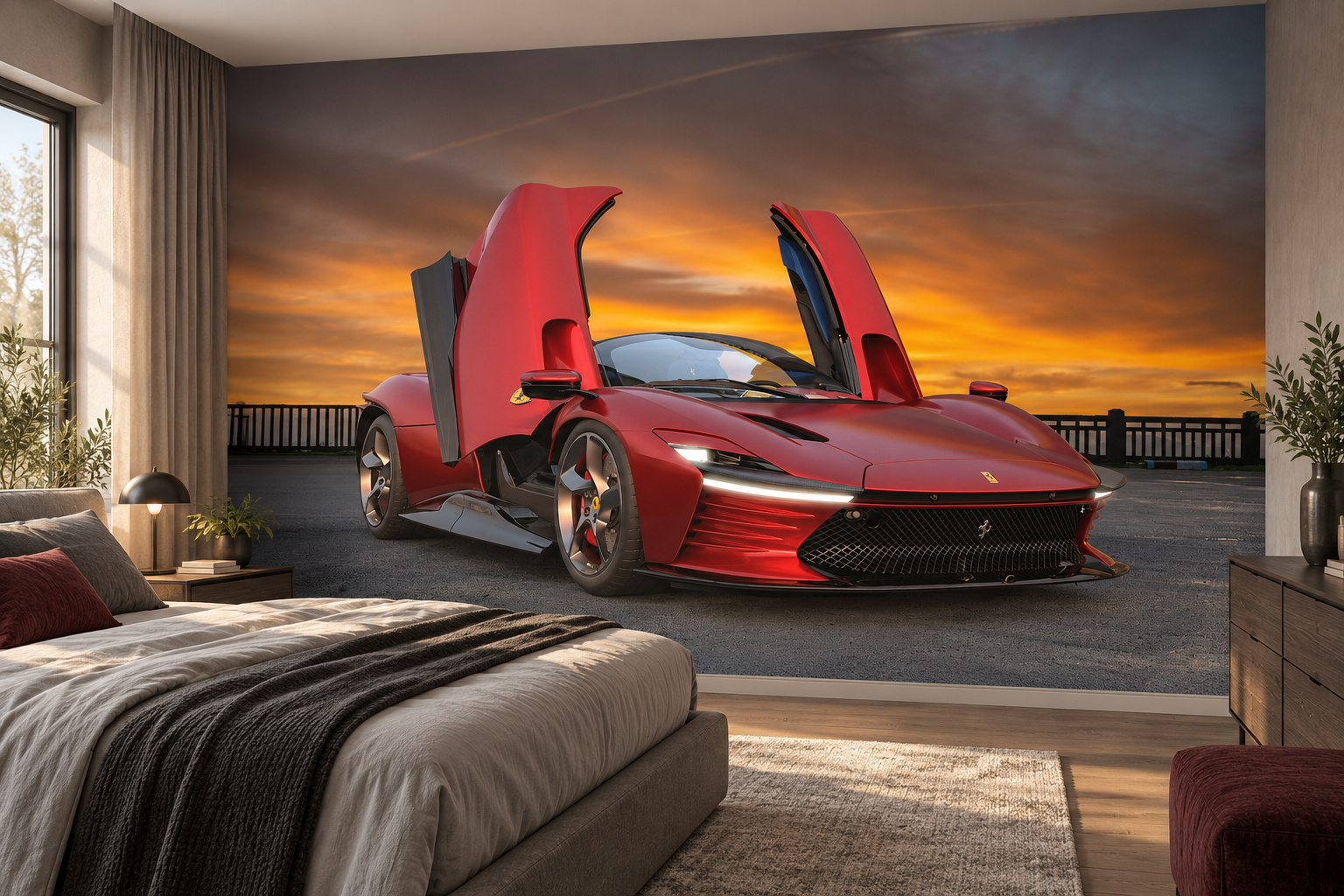 Slaapkamer met fotobehang van een rode Ferrari Daytona SP3 op de achterwand en een interieur in bijpassende kleuren; ontwerp AS476172616.