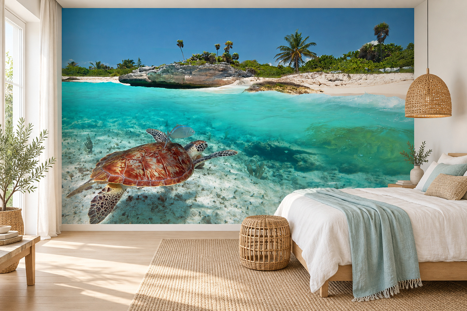 Schildpad onder turquoise zeewater op fotobehang naast een wit bed met een lichtblauwe plaid.