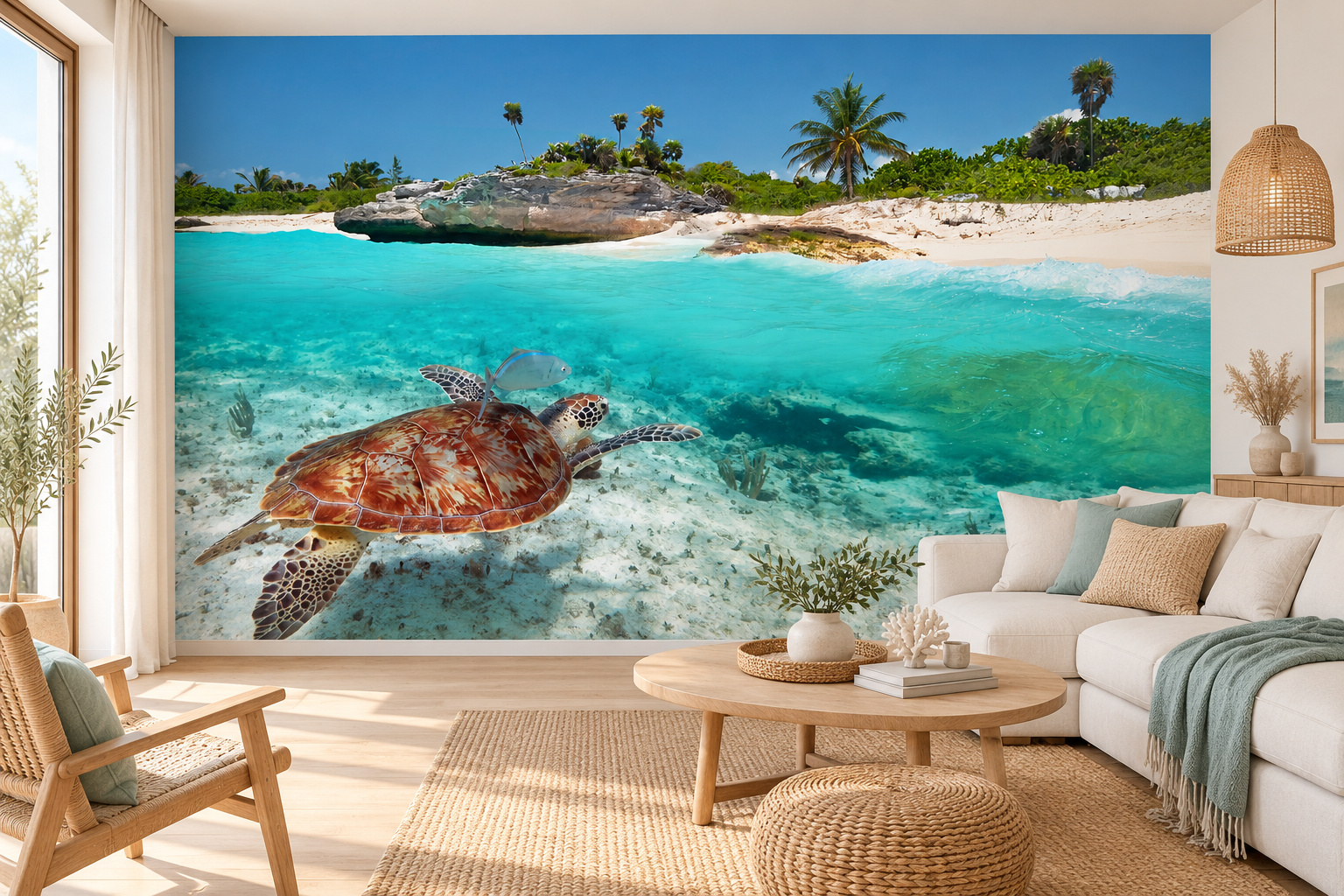 Zeeschildpad in turquoise water op wandvullend fotobehang in een lichte woonkamer met een bank rechts.