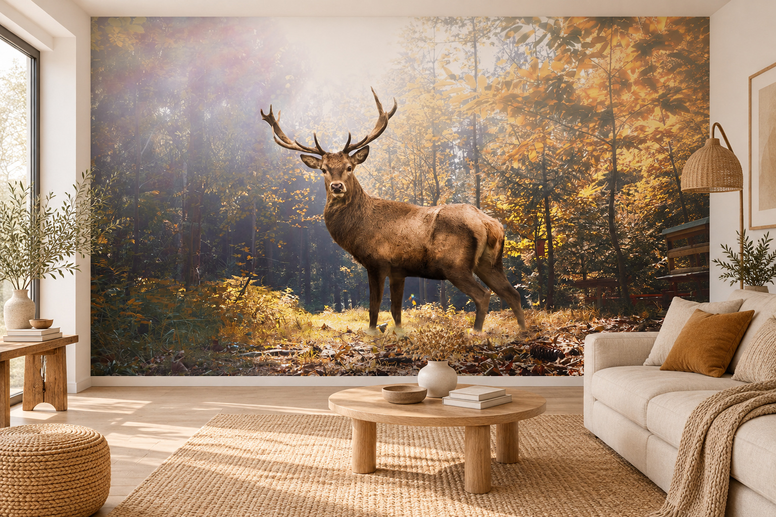 Edelhert met gewei in een gouden herfstbos op fotobehang achter een lichte woonkamer met een bank rechts.