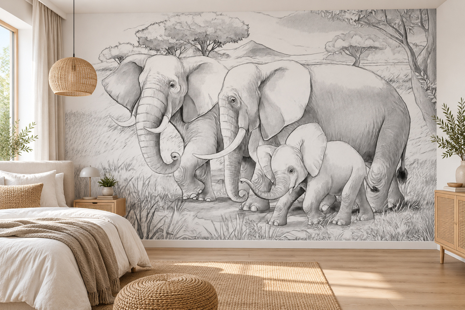 Getekende olifantenfamilie op een lichte slaapkamerwand naast een bed met beige plaid en houten nachtkastje.