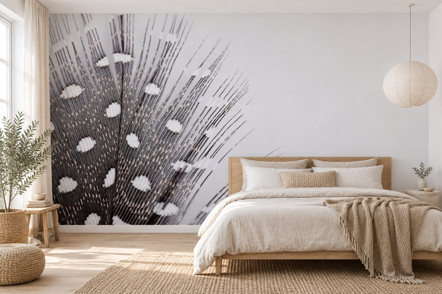 Parelhoenveer met witte stippen op de slaapkamerwand links van een houten bed met licht bedlinnen.