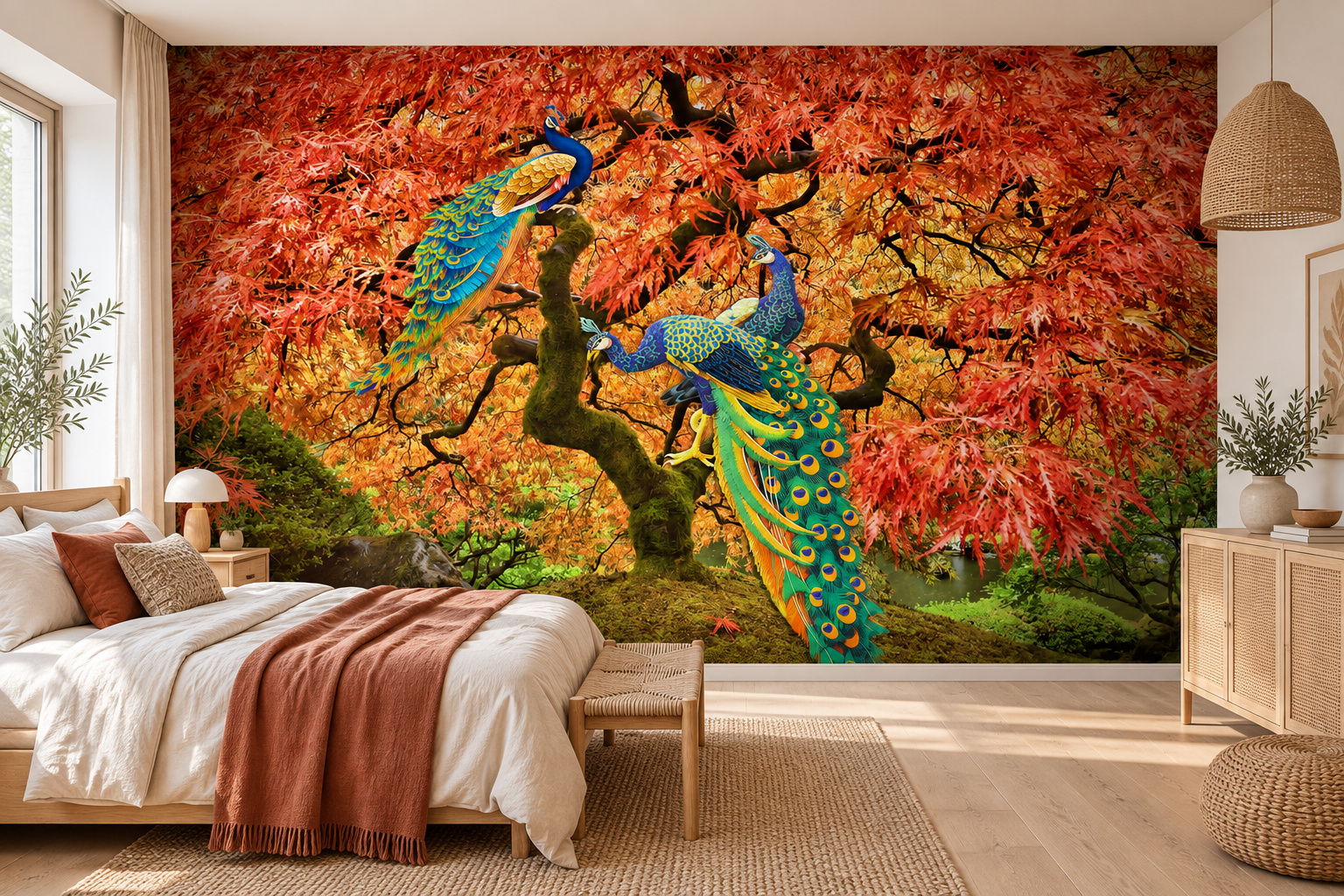 Blauwgroene pauwen in een rode boom op de wand naast een bed met een terracottakleurige plaid.