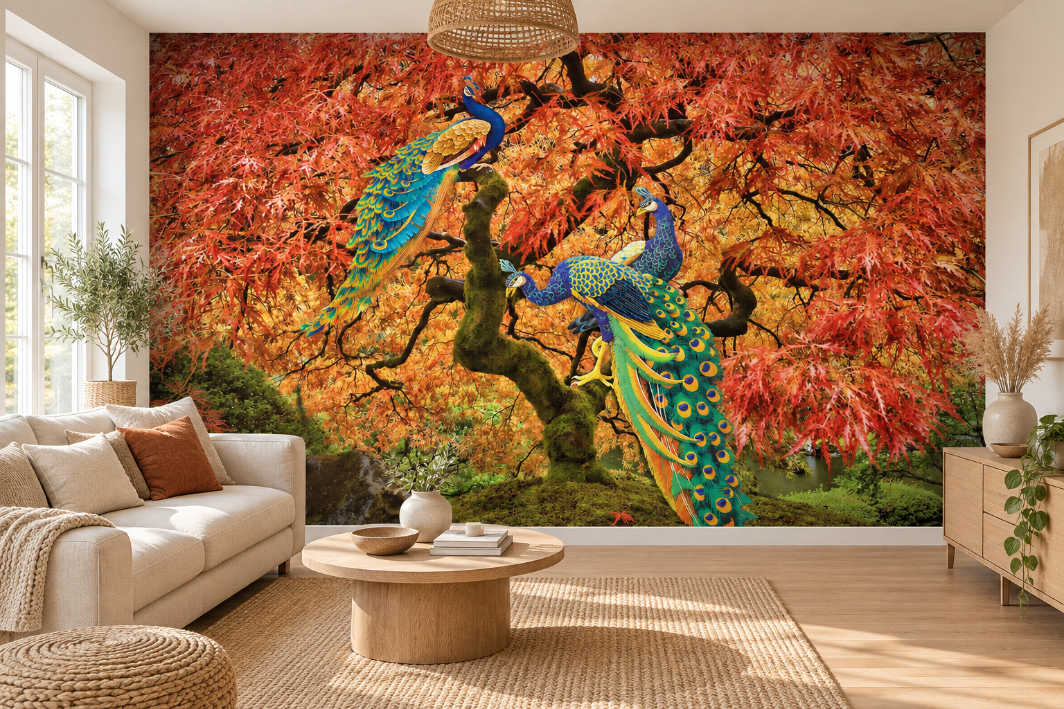Drie blauwgroene pauwen tussen rode bladeren op fotobehang in een woonkamer met een lichte bank en roestkleurig kussen.