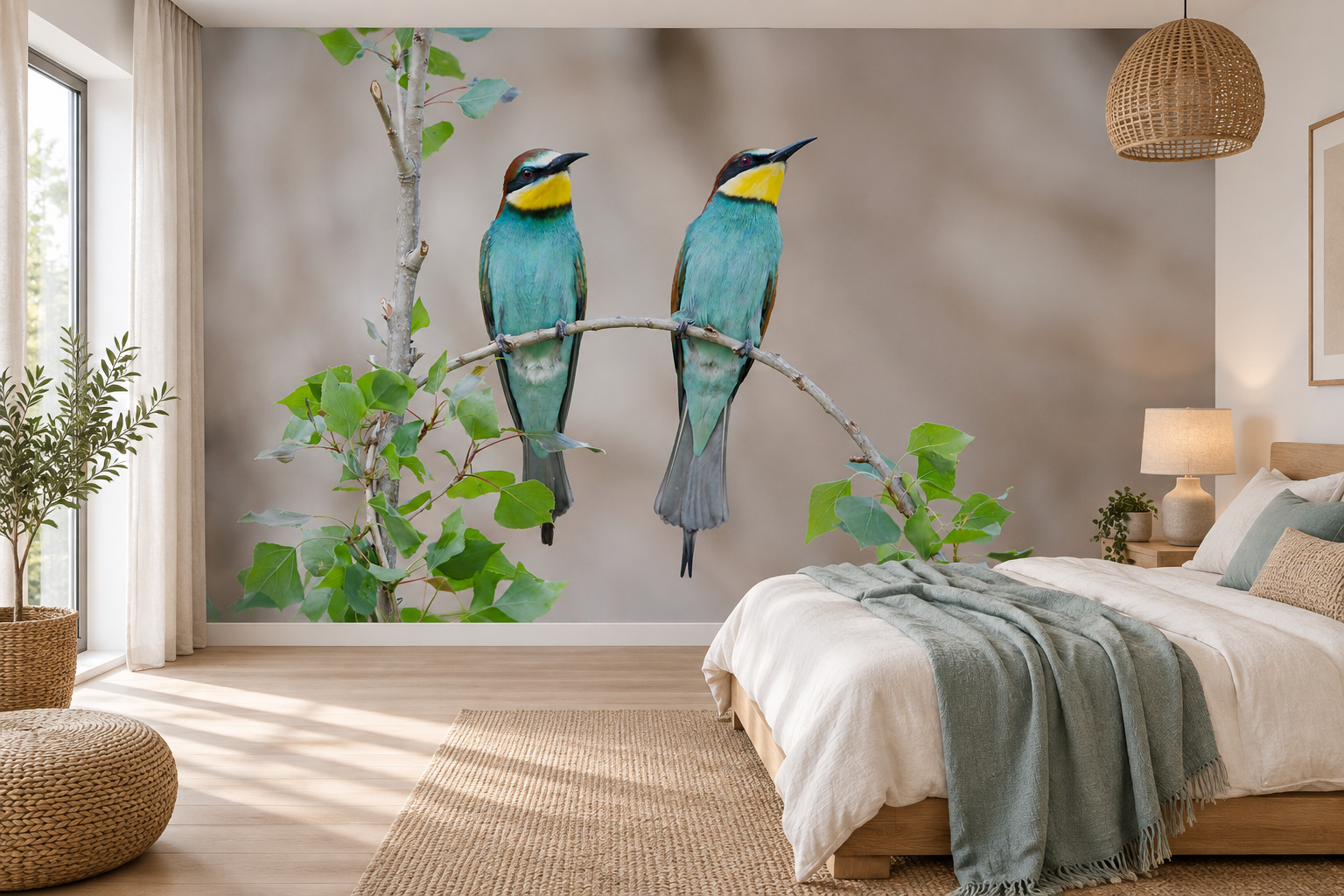 Wand met twee bijeneters naast een houten bed met wit beddengoed en een zachtblauwe sprei.