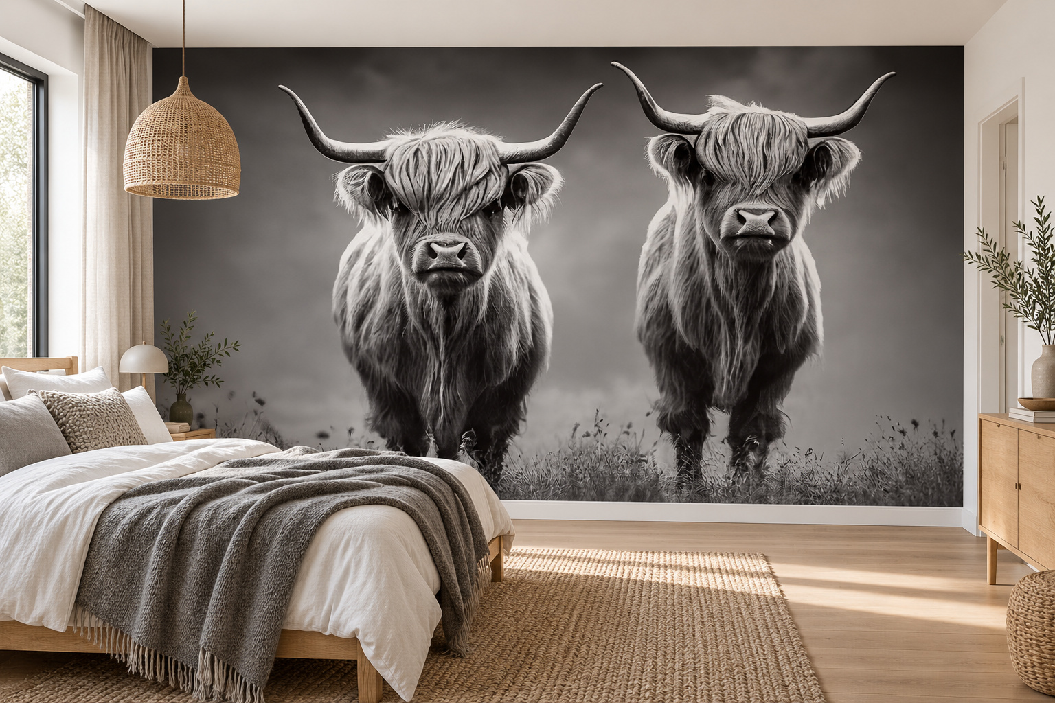 Twee zwart-witte Schotse hooglanders op de wand naast een bed met een grijze wollen plaid.