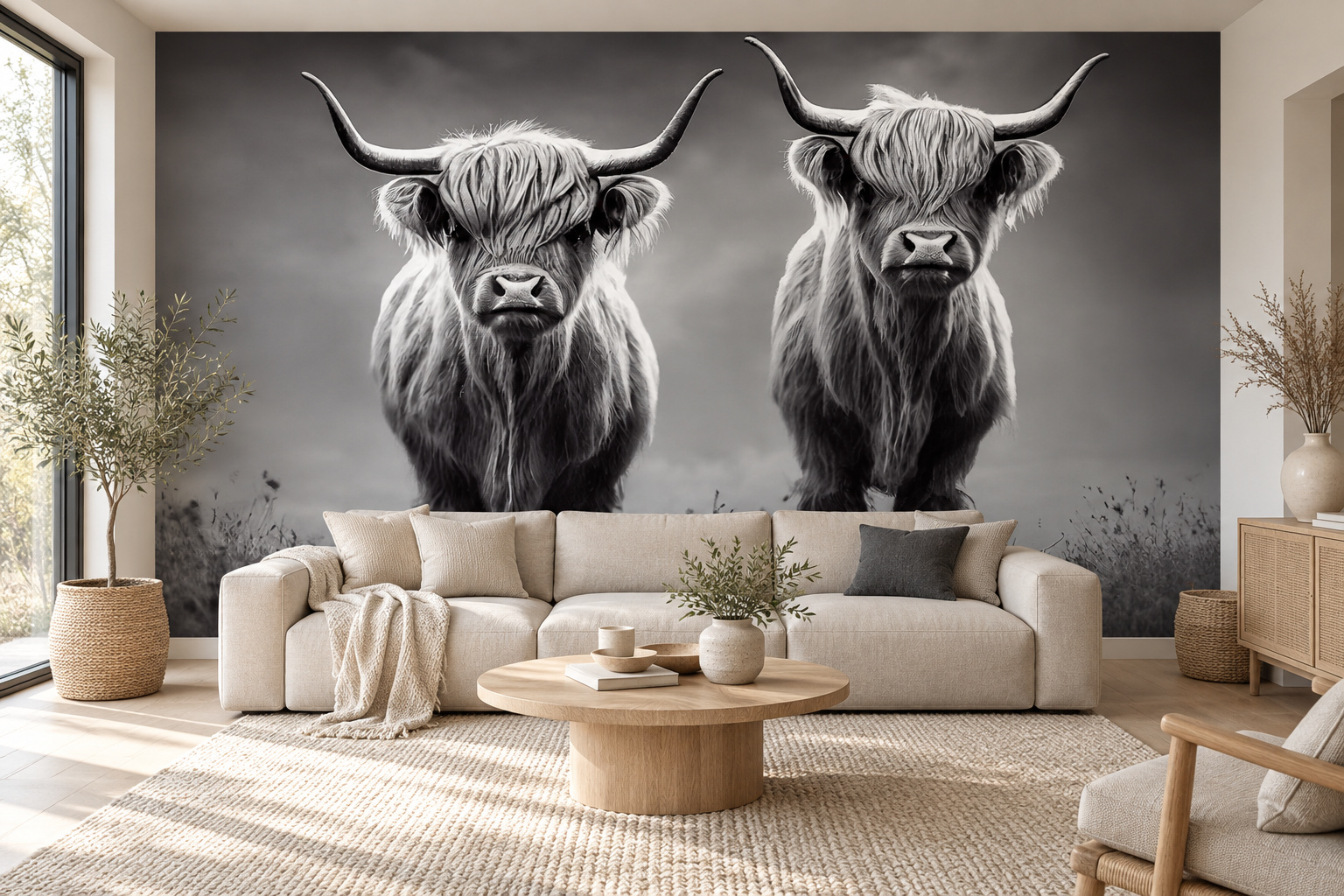 Twee Schotse hooglanders in zwart-wit op fotobehang boven een lichte bank met houten salontafel.