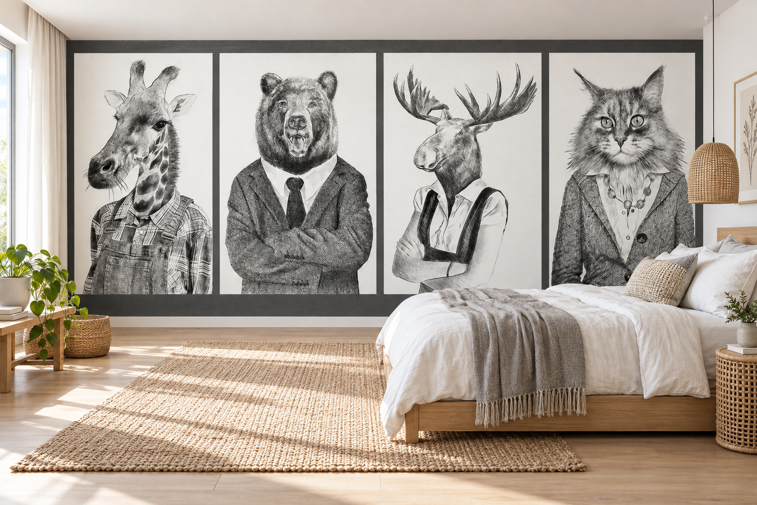 Giraf, beer, eland en kat in zwart-witte tekeningen op fotobehang naast een bed met een grijze plaid.