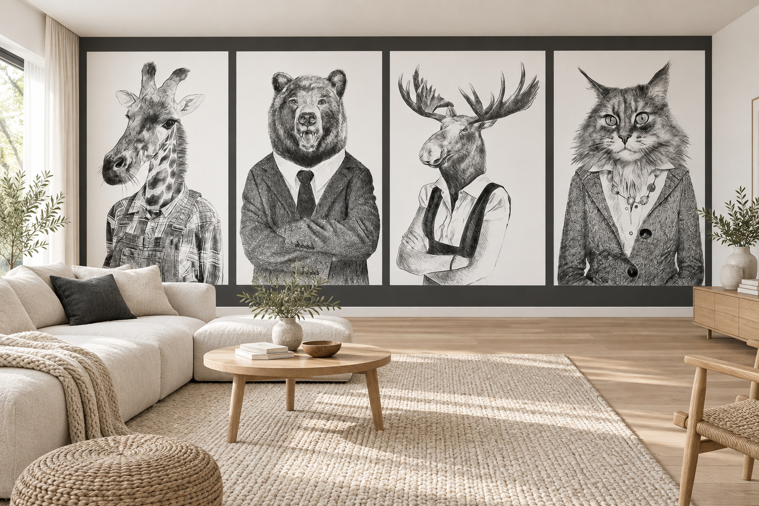 Vier getekende dieren in kleding op zwart-witfotobehang achter een lichte zithoek met houten meubels.