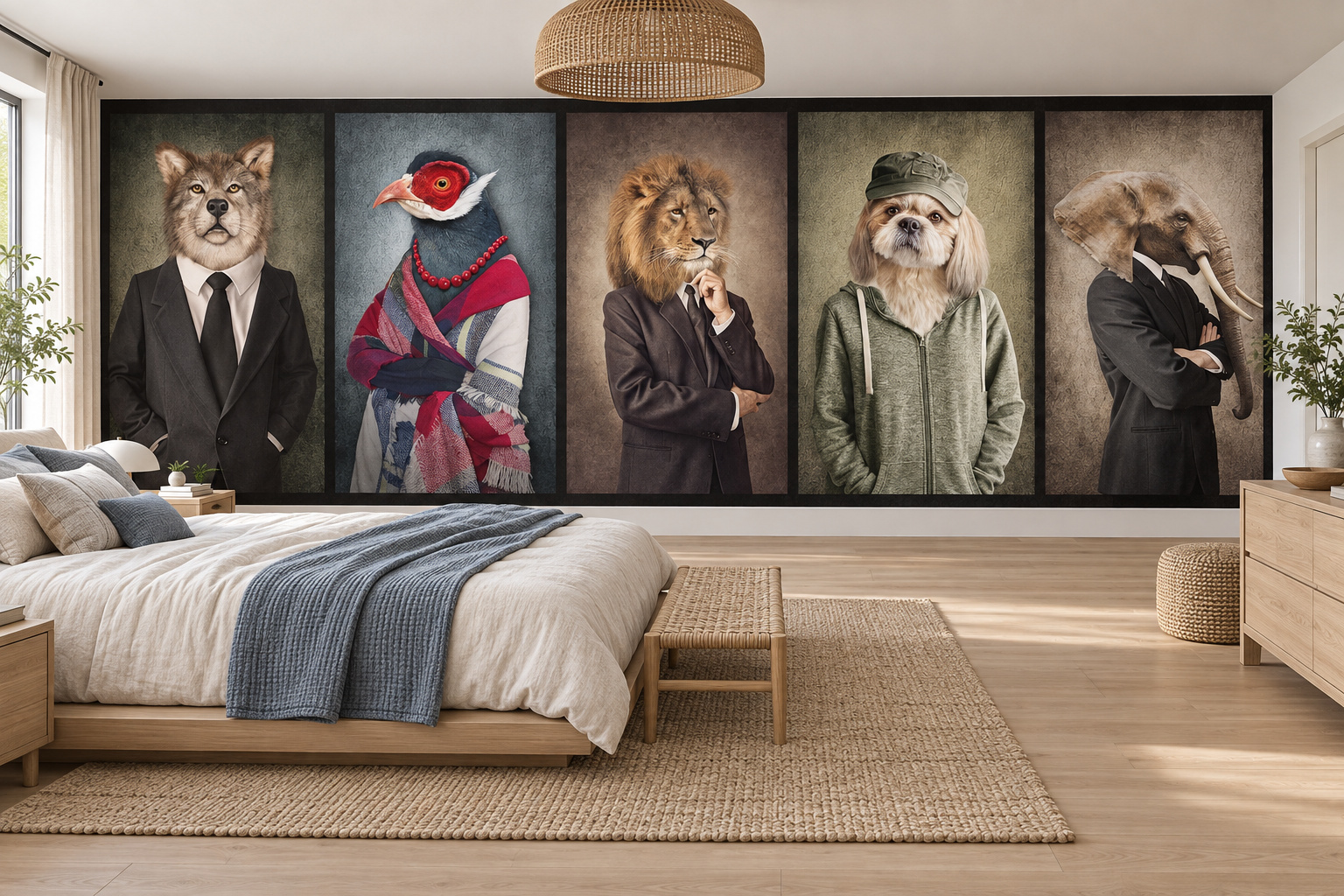 Vintage portretten van wolf, fazant, leeuw, hond en olifant op de wand achter een laag bed met blauwe plaid.