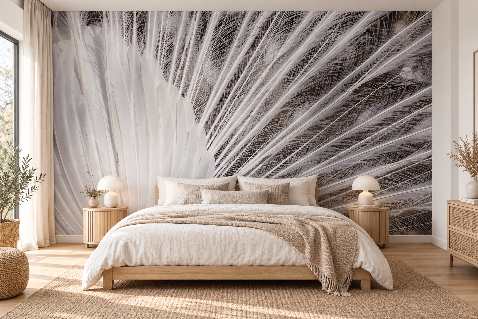 Witte pauwenveren op een grijze slaapkamerwand boven een laag houten bed met lichte nachtkastjes.