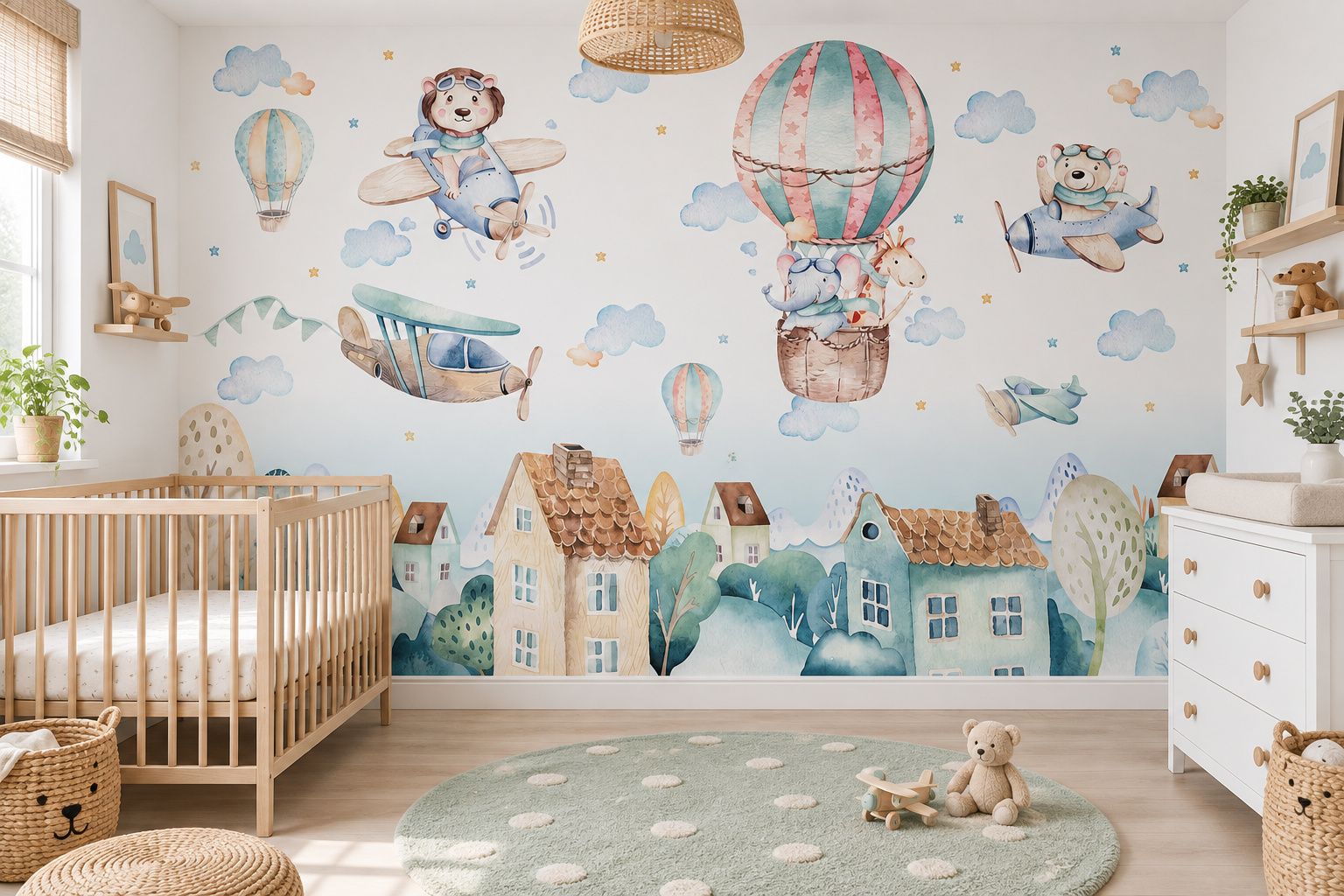Babykamer met wandvullend fotobehang dierenpiloten en luchtballon, een eiken ledikant met mintgroen kleed.
