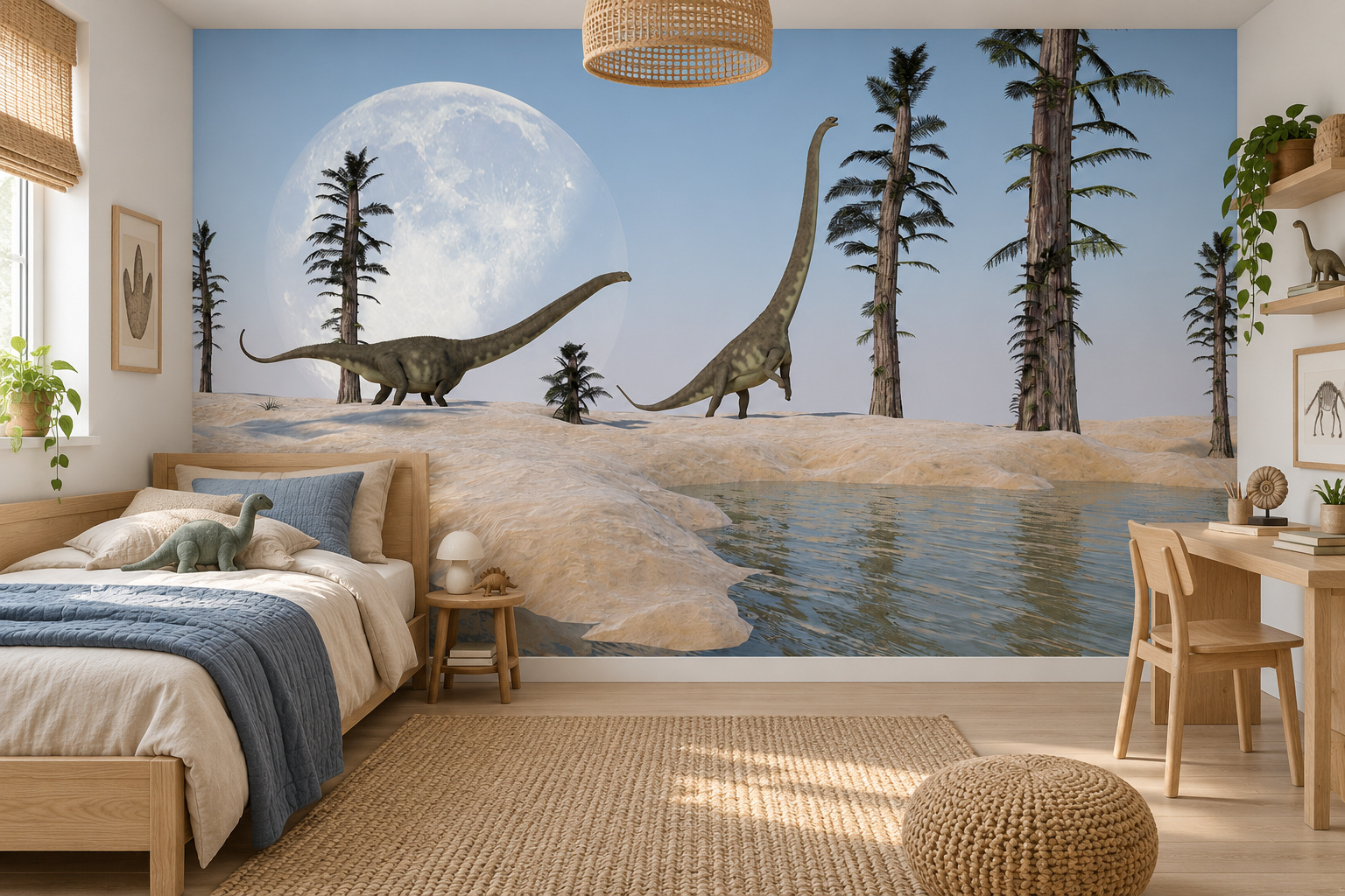 Kinderslaapkamer met wandvullend fotobehang dinosaurussen aan het water, een houten bed en een klein fossielmodel.