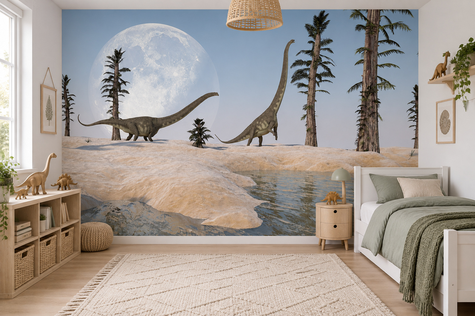 Fotobehang dinosaurussen aan het water in een lichte kinderslaapkamer met een wit bed met saliegroen dekbed.