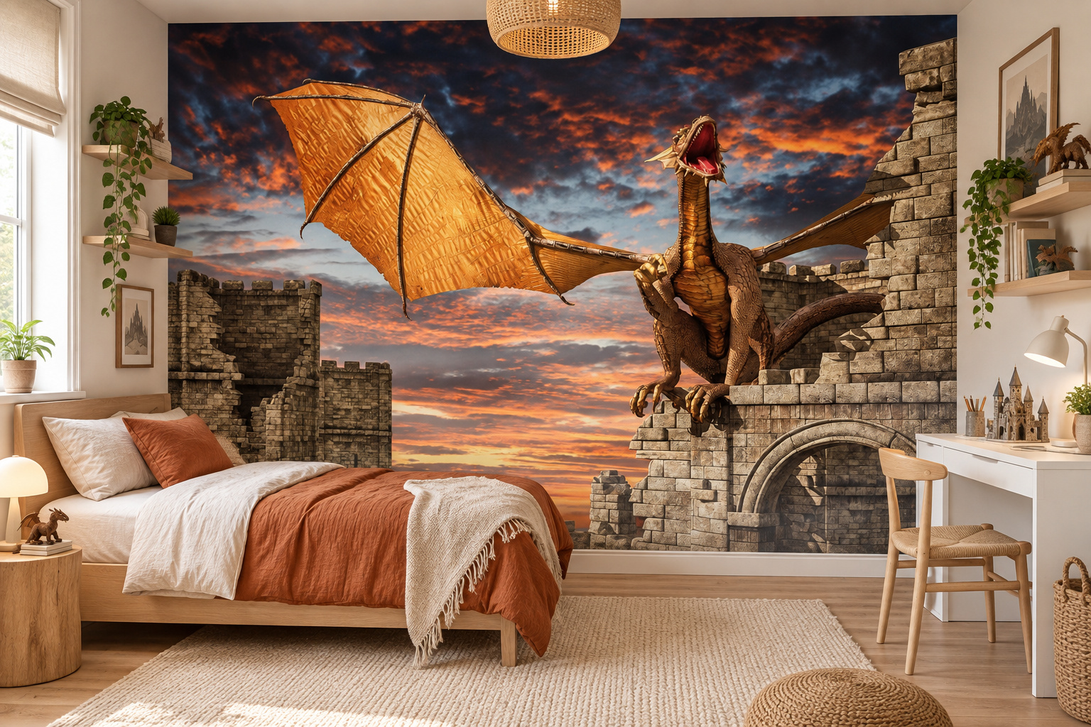 Tienerslaapkamer met wandvullend fotobehang draak bij kasteel in avondlicht, een laag bed met roestoranje deken.