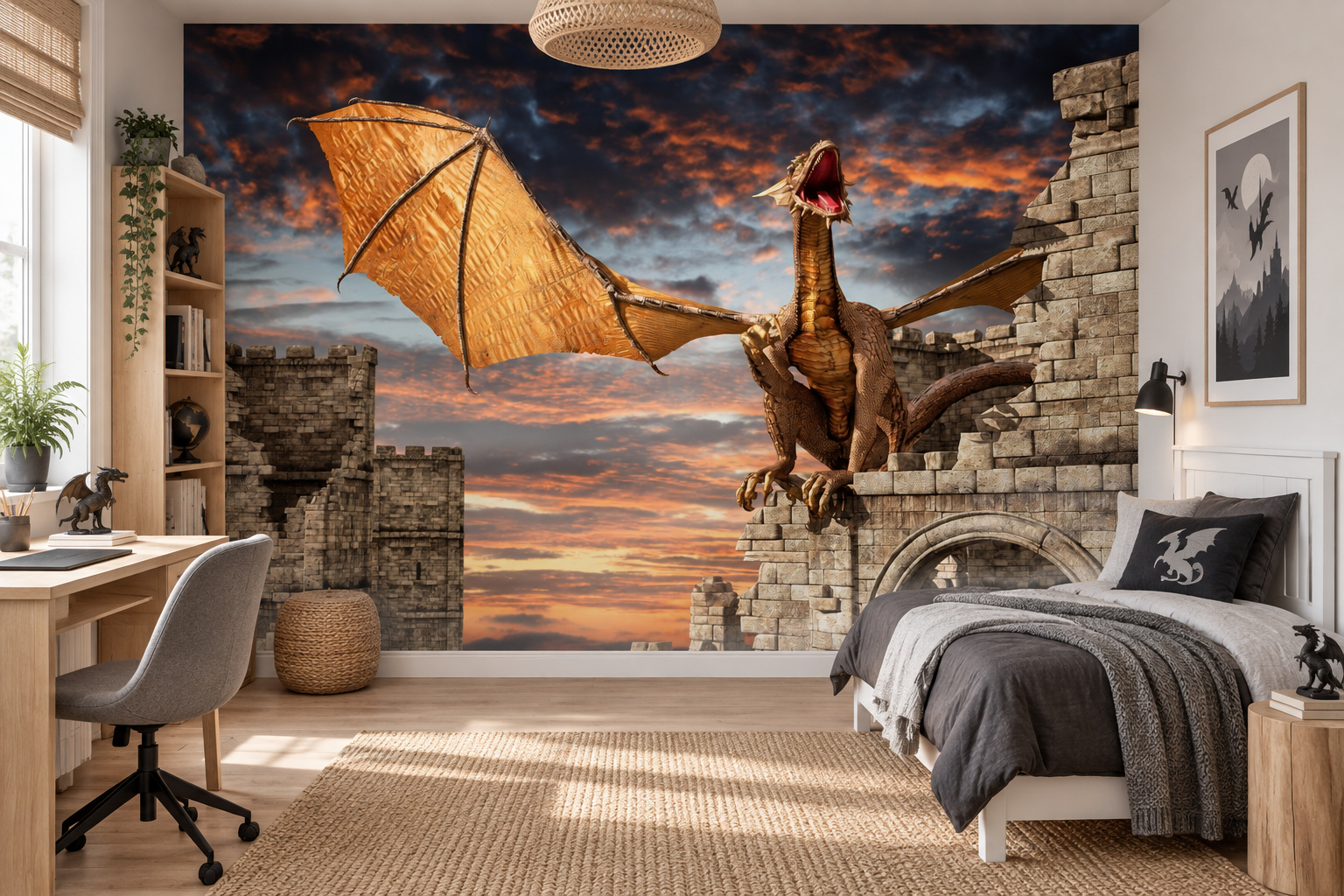 Fotobehang draak bij kasteel in avondlicht in een lichte tienerslaapkamer met een wit bed en een kleine drakenfiguur.