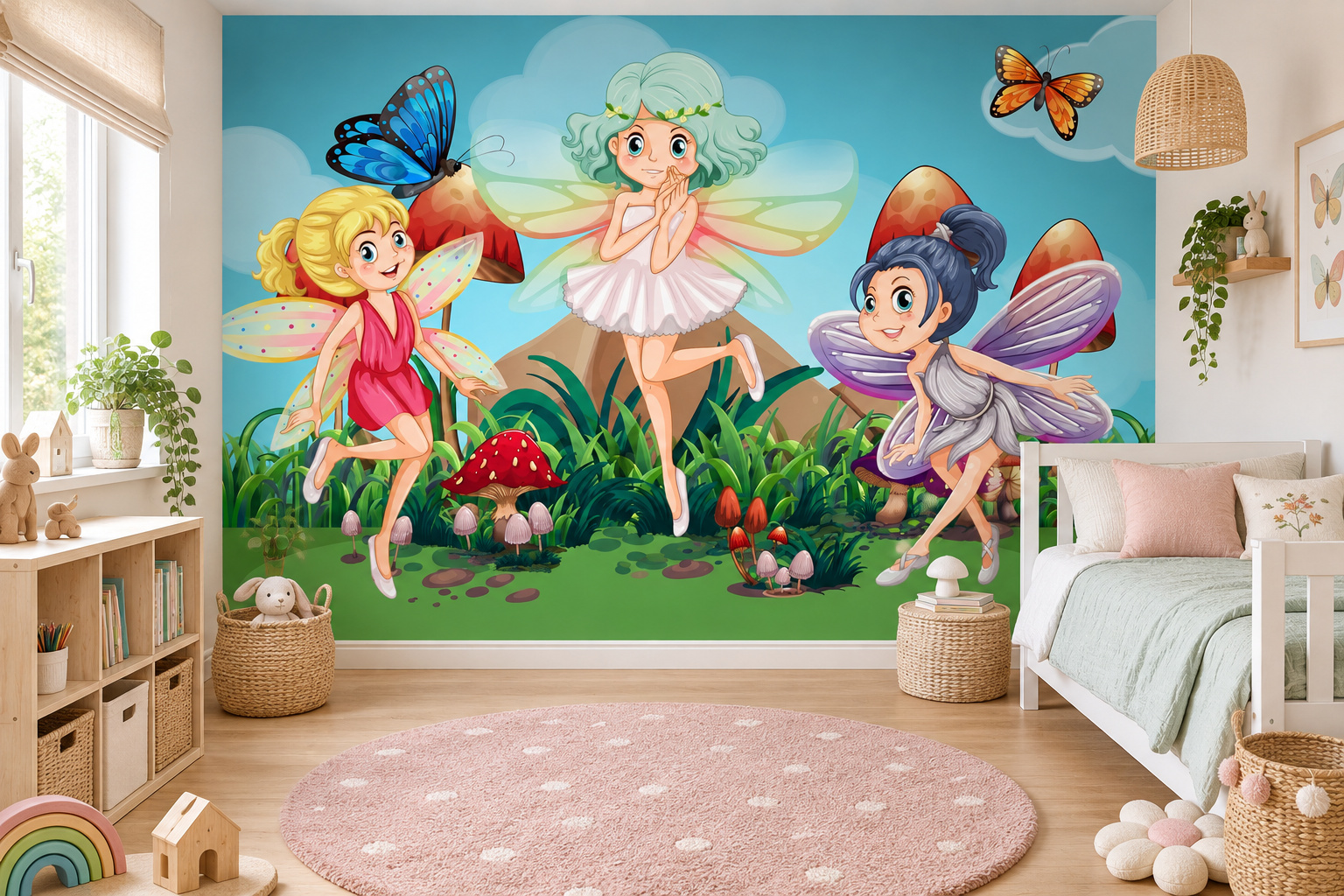 Fotobehang drie feeën met vlinders in een lichte kinderslaapkamer met een wit bed met mintgroene accenten.