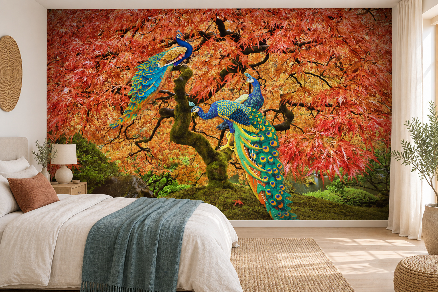 Slaapkamer met drie kleurrijke pauwen in een rode boom op de wand, een bed links en een blauwgroene plaid op wit beddengoed.