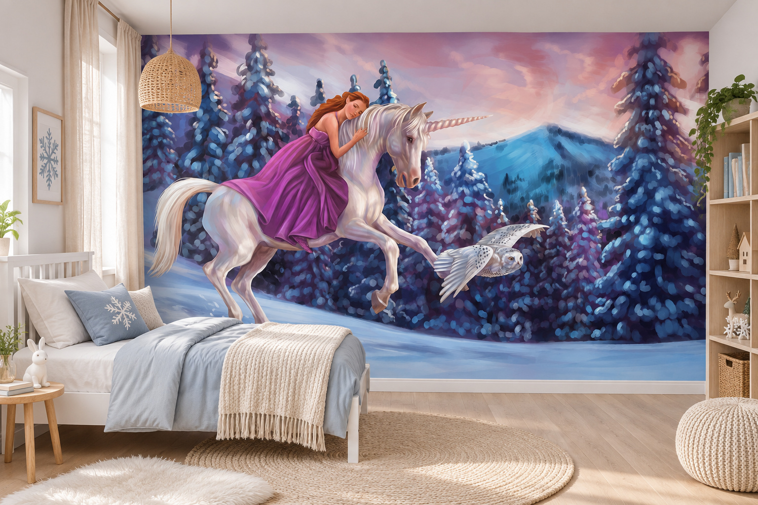 Fotobehang eenhoorn met ruiter in winterbos in een lichte kinderslaapkamer met een wit bed met lichtblauw textiel.