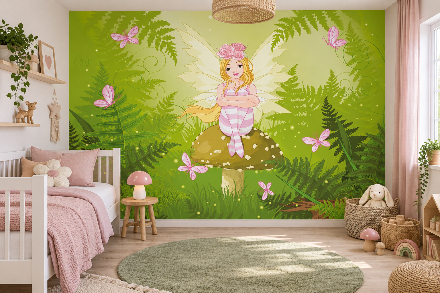 Kinderslaapkamer met wandvullend fotobehang fee op paddenstoel, een wit bed en paddenstoellamp.