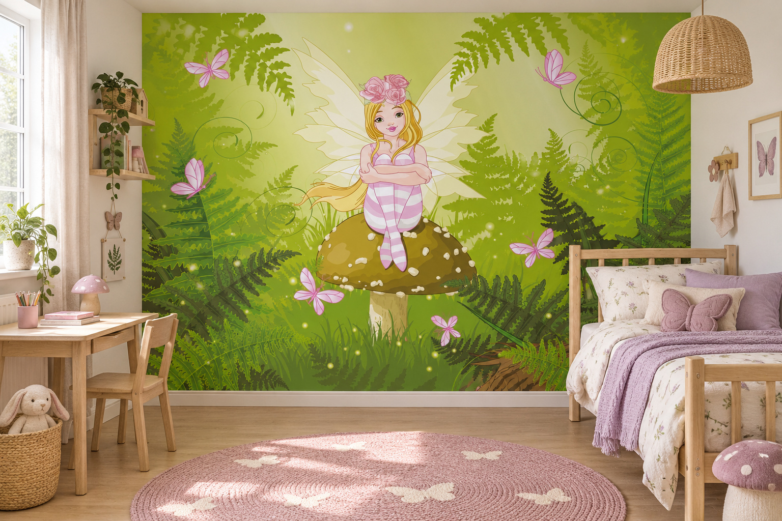 Fotobehang fee op paddenstoel in een lichte kinderslaapkamer met een berken bed met gedempt lila textiel.