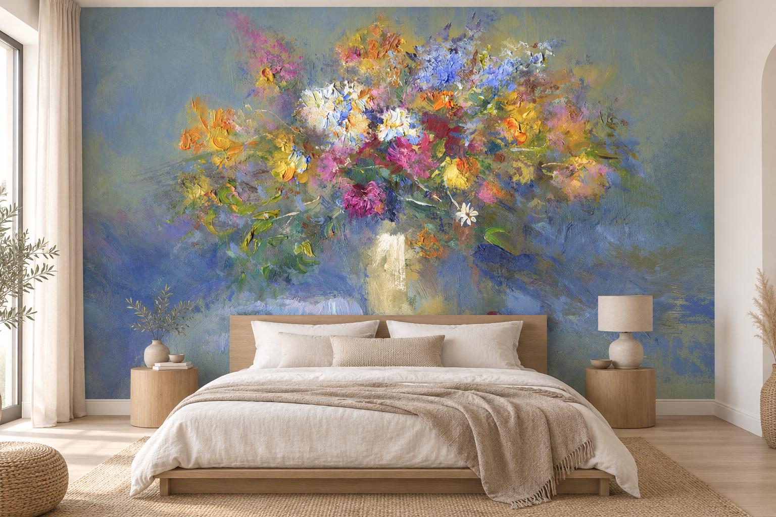 Kleurrijk geschilderd boeket op een blauwgrijze wand boven een neutraal opgemaakt bed met houten nachtkastjes.