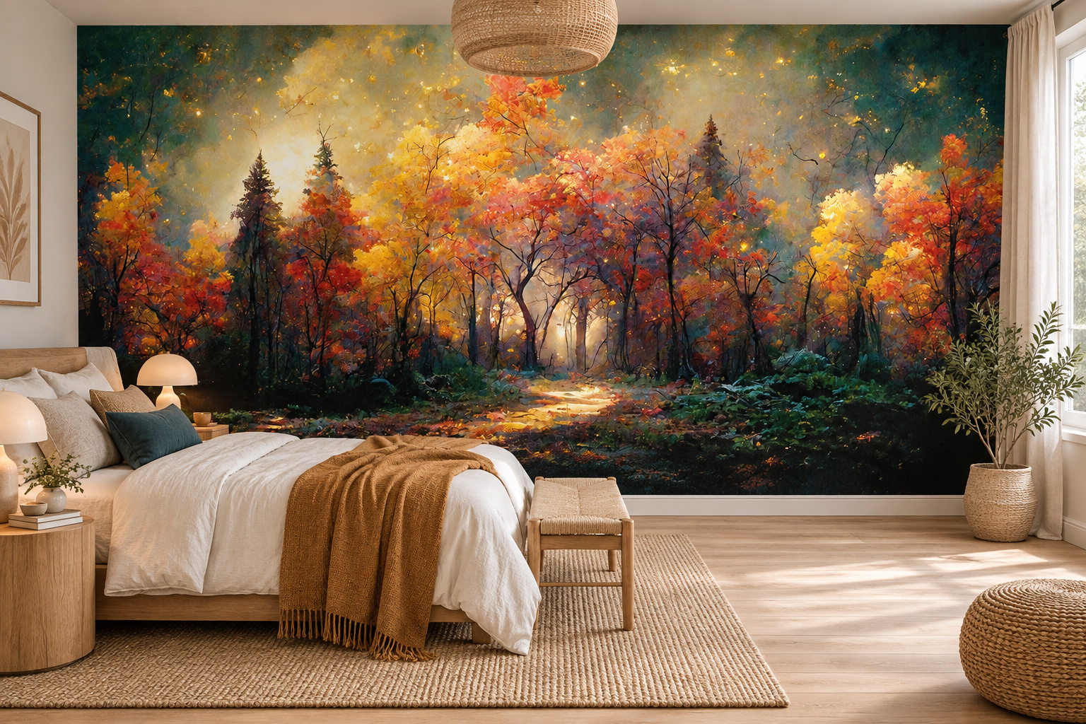 Kleurrijk geschilderd bos met een gouden pad als slaapkamerbehang, naast een bed links met een amberkleurige plaid en petrolkleurig kussen.