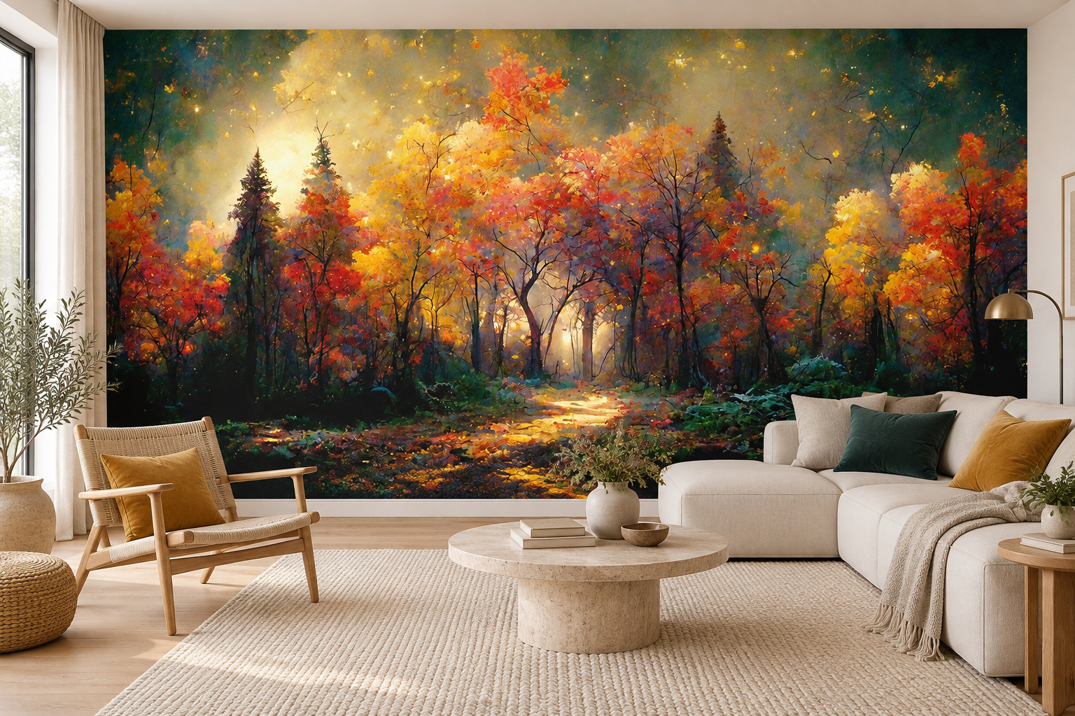 Geschilderd bos in goud, oranje en donkergroen op de wand, bij een lichte bank rechts, ronde stenen tafel en houten stoel links.