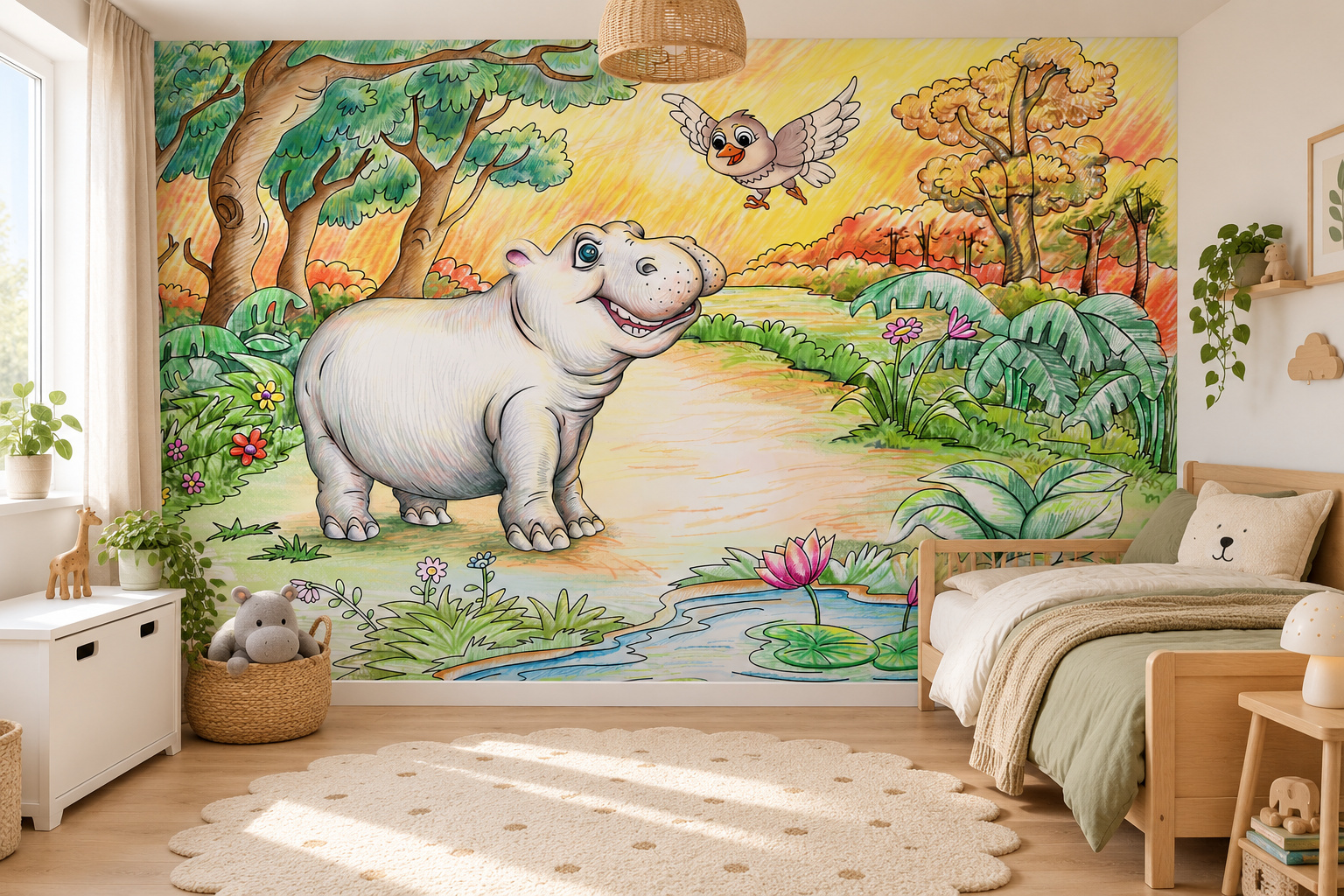 Kinderslaapkamer met wandvullend fotobehang getekend nijlpaardje met vogel, een laag houten bed met saliegroen katoen.