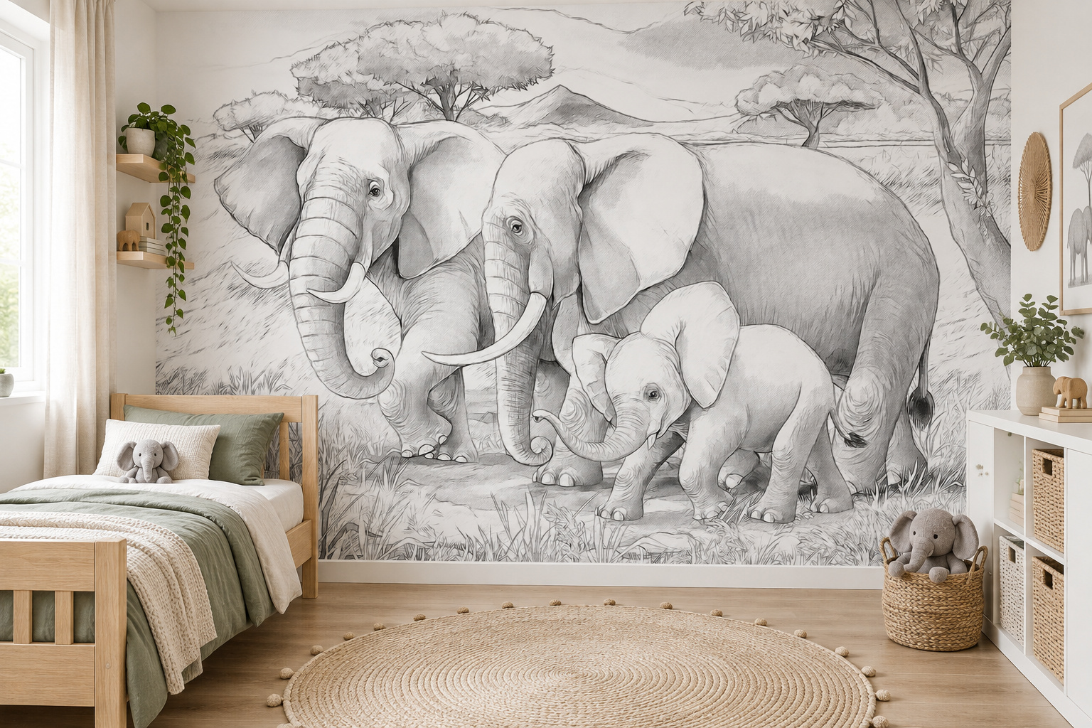 Kinderslaapkamer met wandvullend fotobehang getekende olifantenfamilie, een eiken bed met saliegroen beddengoed.