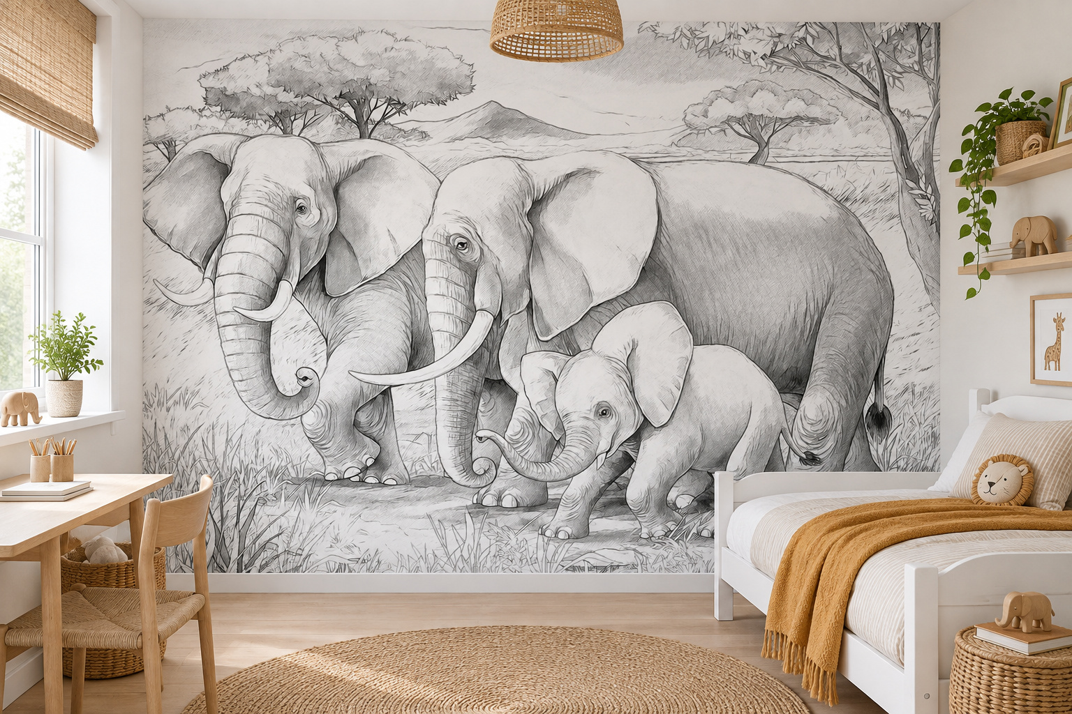Fotobehang getekende olifantenfamilie in een lichte kinderslaapkamer met een wit bed met zandkleurig en okergeel textiel.