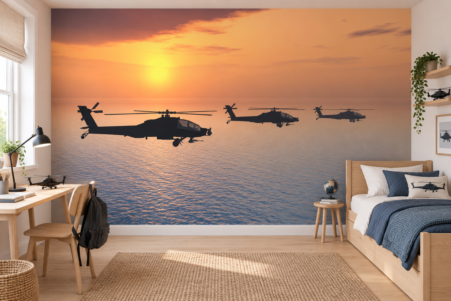 Tienerslaapkamer met wandvullend fotobehang helikopters bij zonsondergang, een houten bed en leisteenblauw beddengoed.